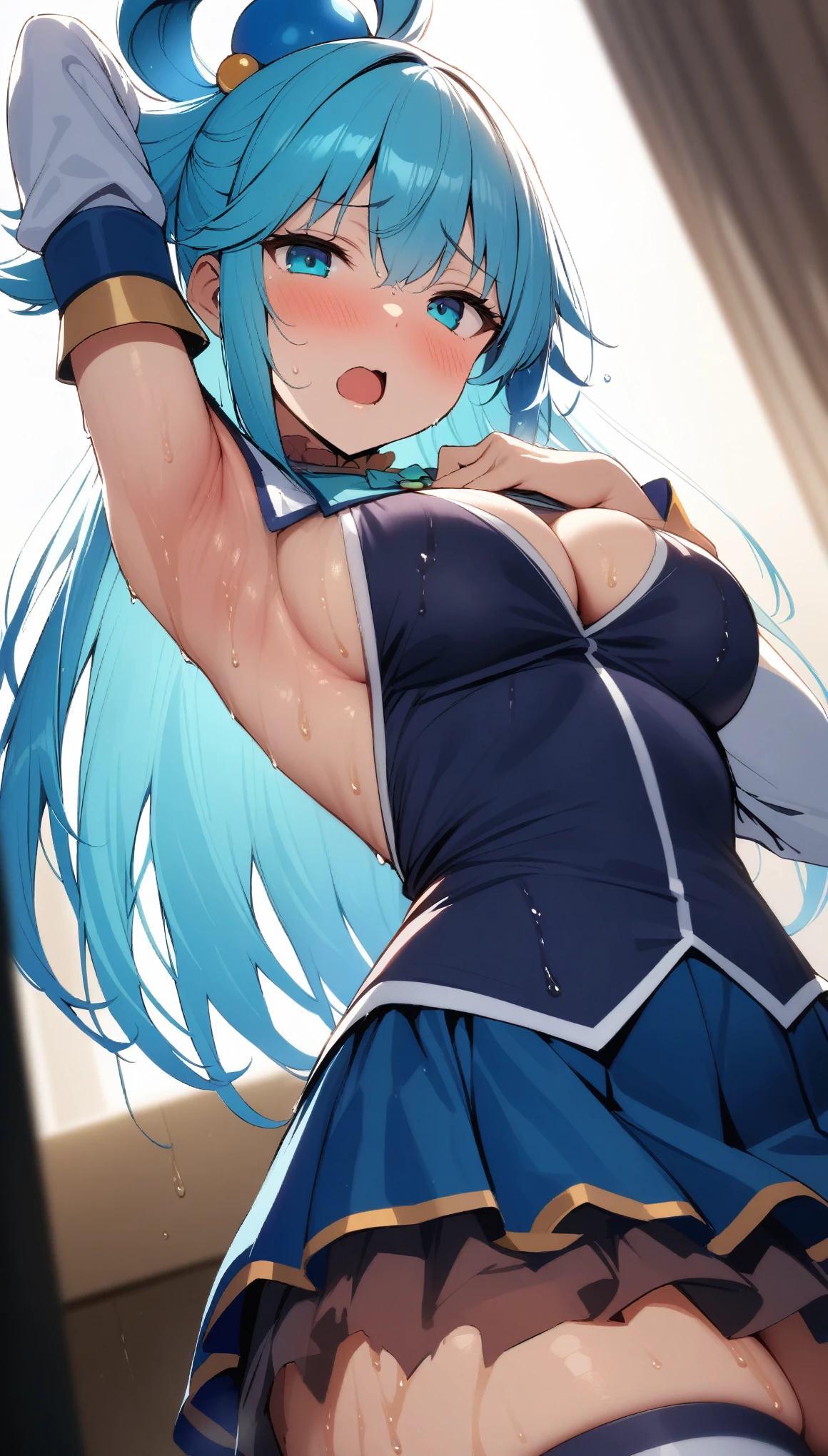 aaaqua, long hair, blue hair, hair rings, hair ornament, choker, bare shoulders, green bow, blue shirt, detached sleeves, blue skirt, thighhighs,indoor,big breasts,looking viewer,smile,nsfw