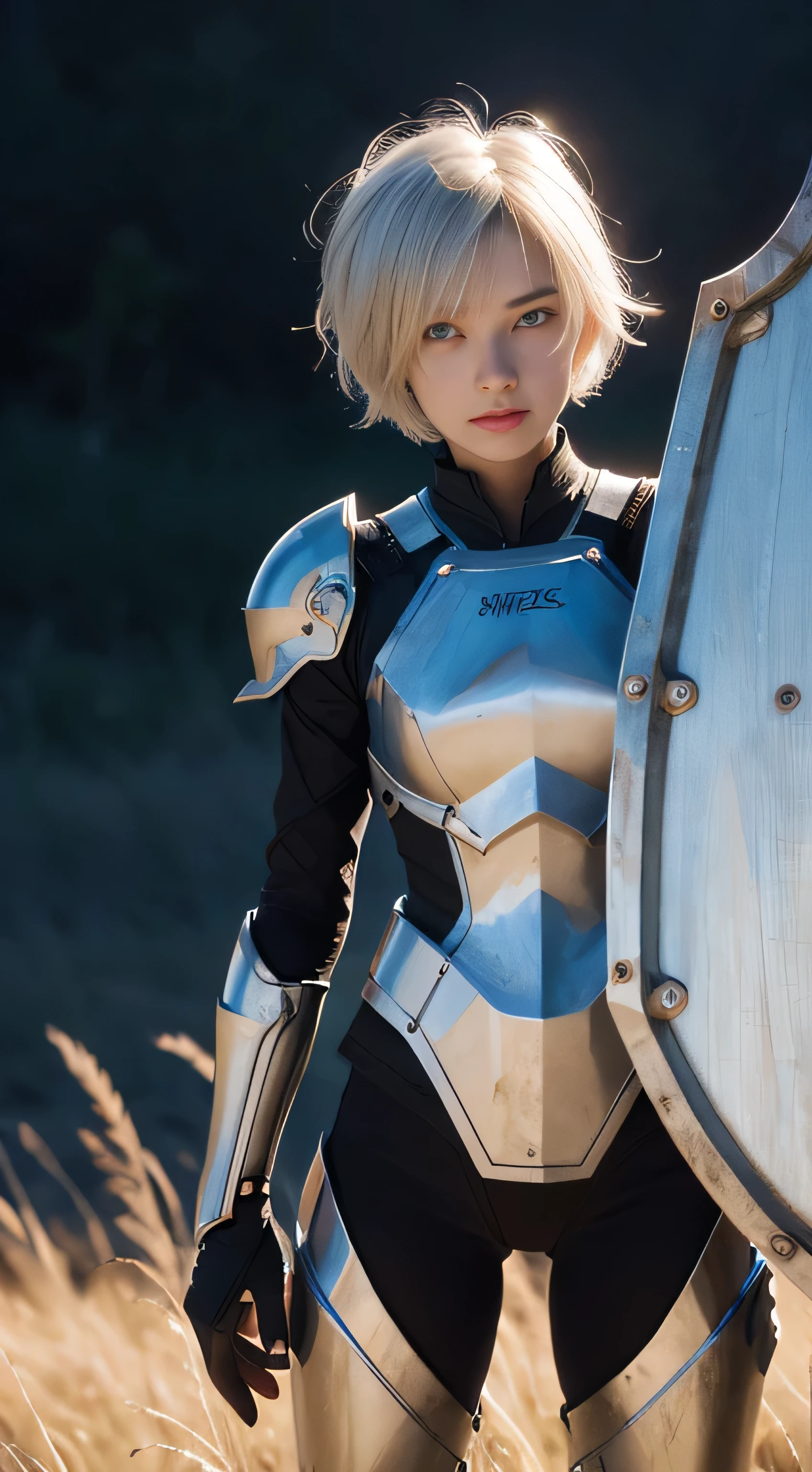 masterpiece , a girl, in a field, ( lite white short hair:1.2), (red eyes:1.2), (Crausader:1.2), (looks at the viewer:1.3) , (8k, best quality 1.2), ultra-detailed, 8k uhd, soft lighting, extra quality, film grain, beautiful lighting, cinematic ,perfect full body , best illumination, best shadow, sharpness, contrast, red glasses, messy hair, , absurdres high detailed face, steel armour, great shield, deep background