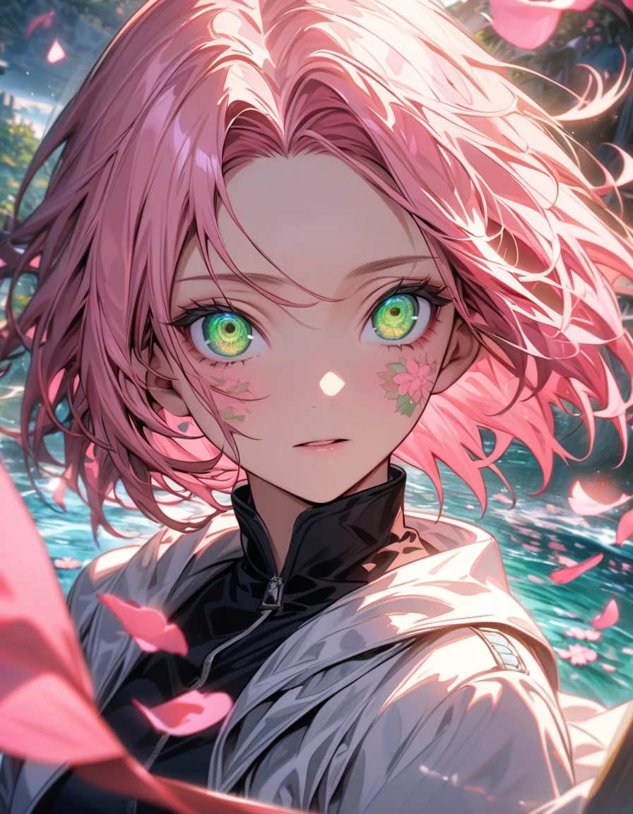 Ultra detailed, Highres, absurdres, HDR, Haruno Sakura, pink short hair, expressive green eyes, white long coat with patterns, Naruto Shippuden, pink flowers, petals, beautiful, woman, solo, very detailed eyes and face, water, pink butterflies, black t-shirt, master piece, pretty