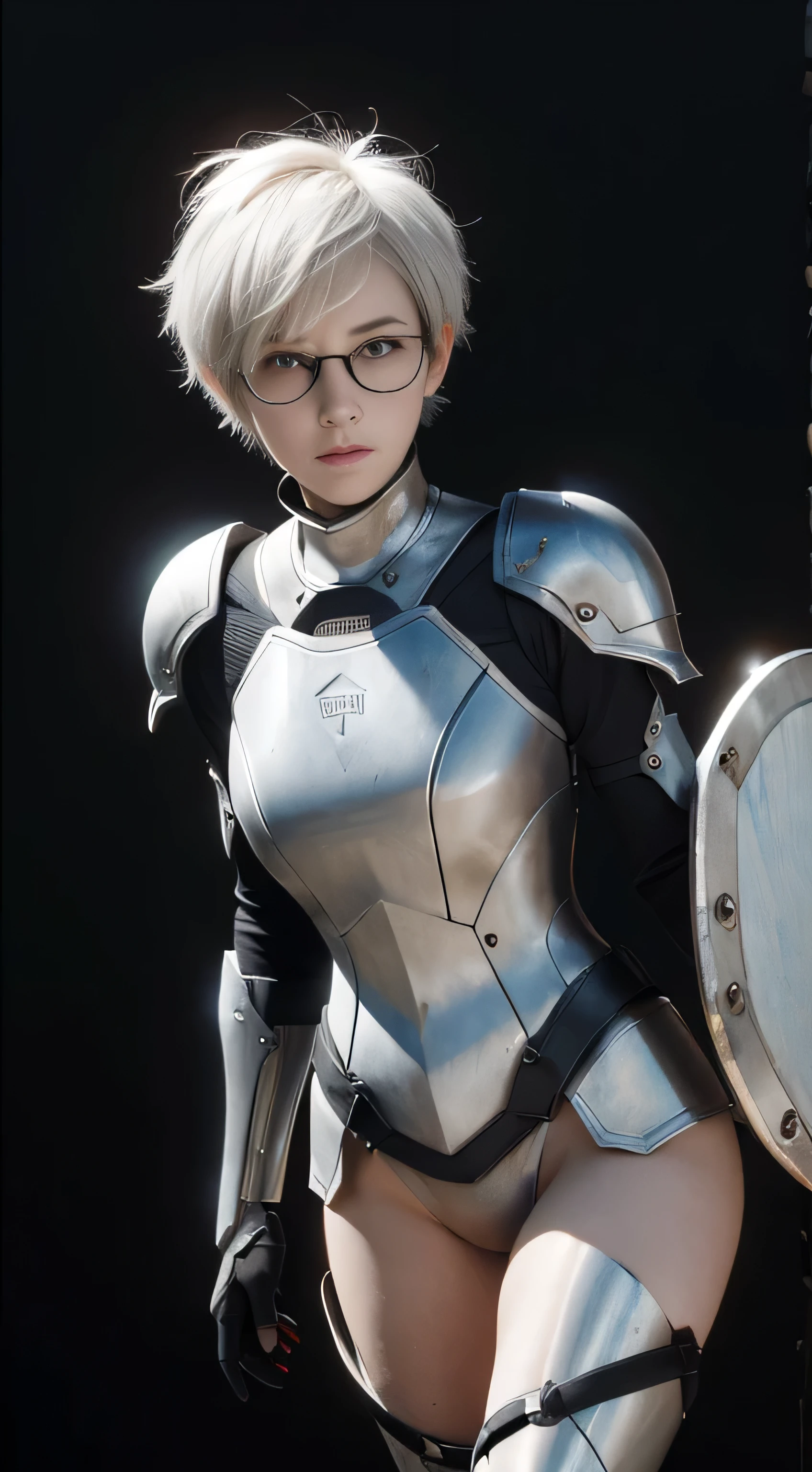 masterpiece , a girl, in a field, ( lite white short hair:1.2), (red eyes:1.2), (Crausader:1.2), (looks at the viewer:1.3) , (8k, best quality 1.2), ultra-detailed, 8k uhd, soft lighting, extra quality, film grain, beautiful lighting, cinematic ,perfect full body , best illumination, best shadow, sharpness, contrast, red glasses, messy hair, , absurdres high detailed face, steel armour, great shield, deep background