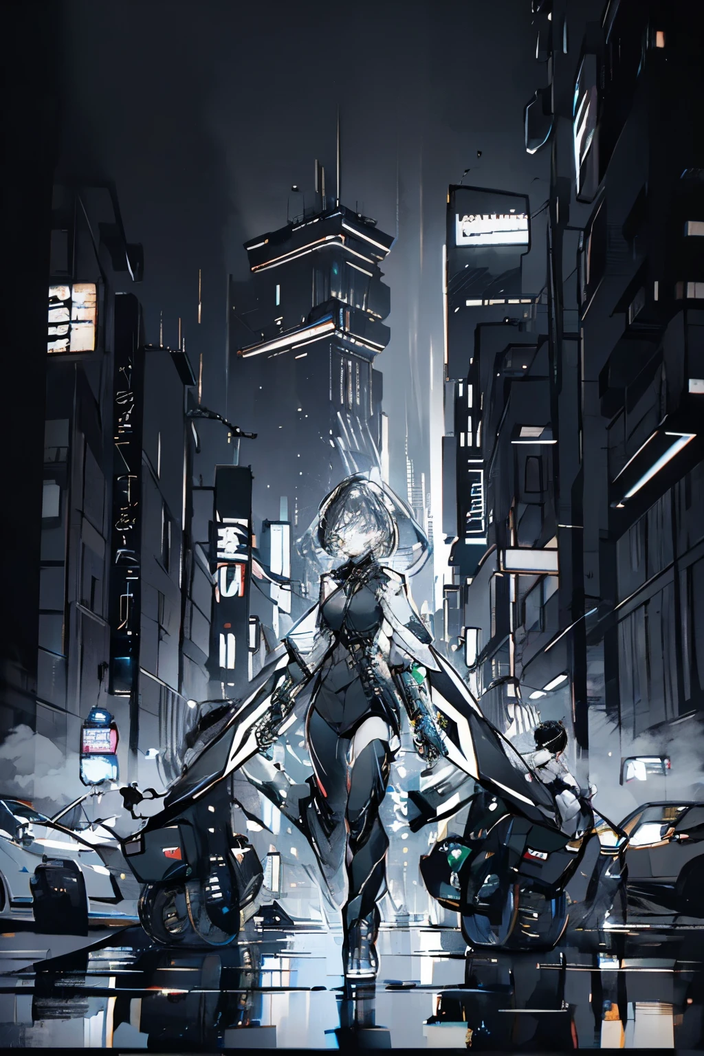 "Create a black and white cyberpunk-themed illustration featuring a fierce warrior. Picture a dystopian cityscape with neon lights casting eerie shadows. The warrior, adorned in high-tech armor with cybernetic enhancements, stands ready for battle amidst the chaos of the futuristic metropolis. Capture the intensity of the scene with dynamic poses and intricate details, showcasing the fusion of human and machine. Utilize bold lines and stark contrasts to emphasize the gritty and high-energy atmosphere of the cyberpunk world. Incorporate elements such as glowing implants, futuristic weapons, and sleek cybernetic enhancements to enhance the warrior's cyberpunk aesthetic. Let the backdrop of the city streets, illuminated by neon signs and bustling with activity, serve as a dynamic and visually striking setting for the warrior's epic showdown."