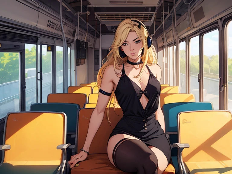 blonde woman sitting on a bus with headphones, blonde anime with long hair, garota de cabelos longos, fanart de garota urbana, Menina with long hair, seductive Menina animelo Artgerm, Menina anime, estime 4k, commission for high resolution, beautiful anime, anime digital illustration, estilo de anime moderno, attractive anime, estilo de arte de anime