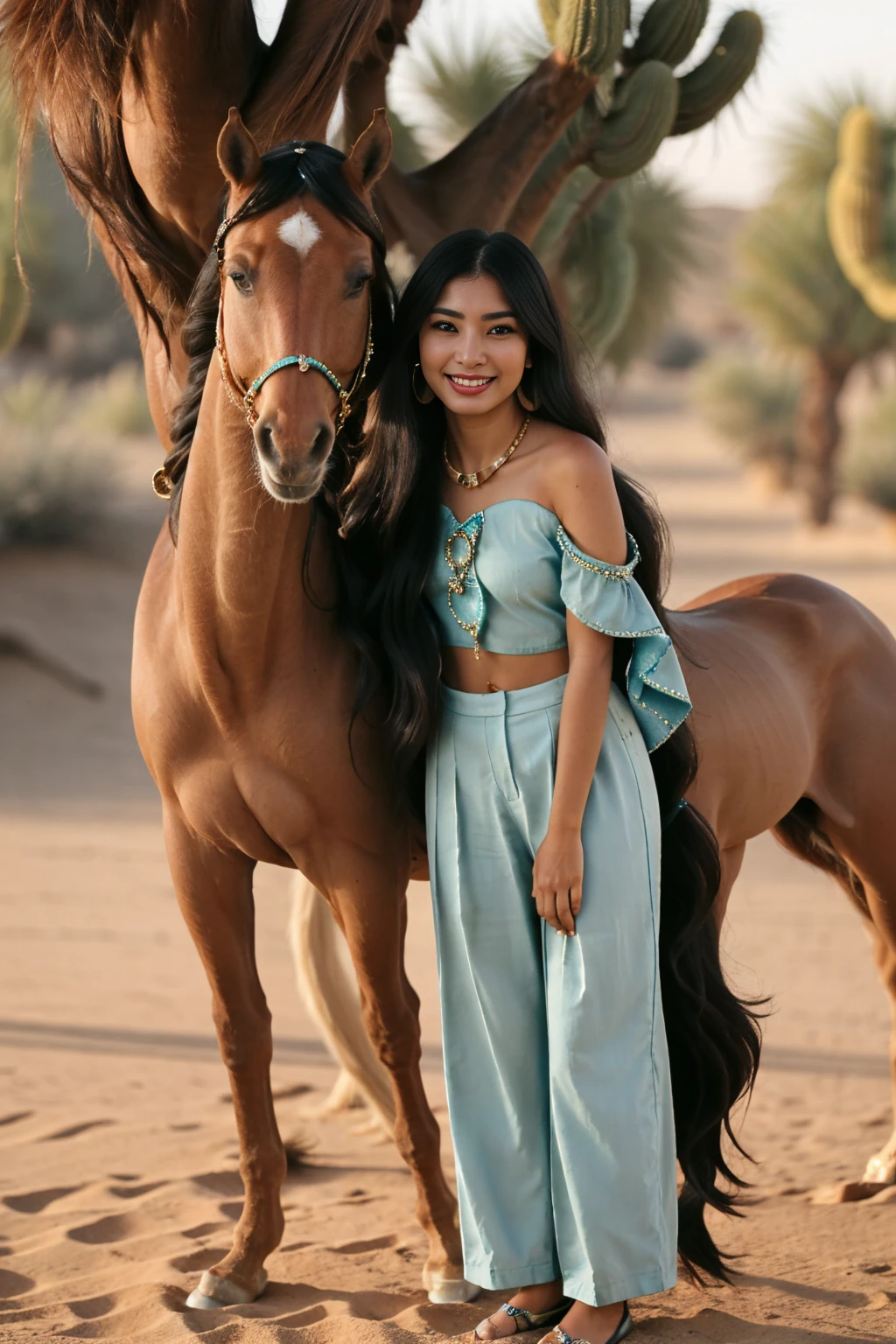 a 4k realistic photo of JasmineWaifu AND  Son4mK4p00r, smiling, aqua-blue arabian clothes, off-shoulder shirt, pants multi-tied hair, long hair jewelry red arabian clothes standing by an arabian horse in the desert, bokeh