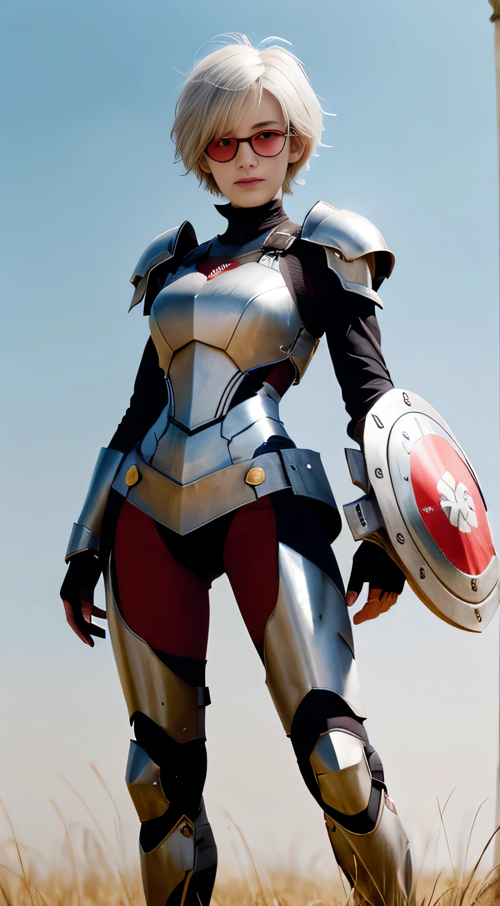 masterpiece , a girl, in a field, ( lite white short hair:1.2), (red eyes:1.2), (Crausader:1.2), (looks at the viewer:1.3) , (8k, best quality 1.2), ultra-detailed, 8k uhd, soft lighting, extra quality, film grain, beautiful lighting, cinematic ,perfect full body , best illumination, best shadow, sharpness, contrast, red glasses, messy hair, , absurdres high detailed face, steel armour, great shield
