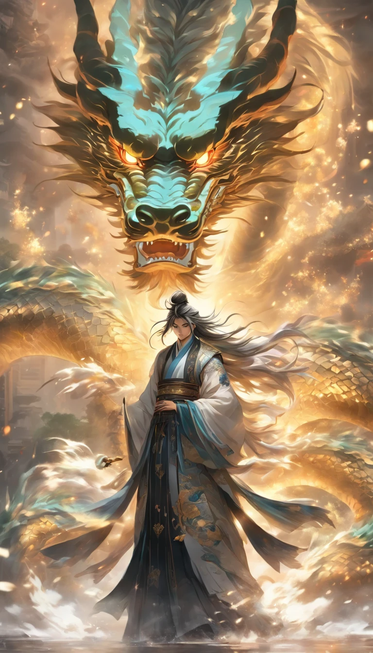 China-style，Medium shot ，Mechanical Taoist priest stands in front of a transparent dragon white and gold，Reach out her hand，Hold the sword in his right hand, he faced the dragon，Long messy hair，glowing effect，hyper realisitc，ultra real photo，Chinese black and white ink style，Plata，decolorization，soiled，Inky，8K，ultradetailed，high high quality，Overclocked renderer