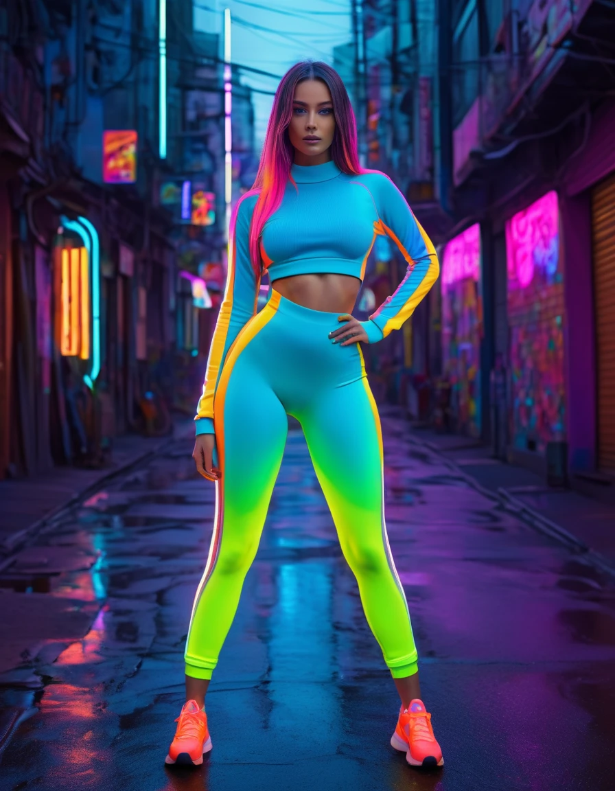 8k, best quality, masterpiece, clear, professional lighting, beautiful full body woman standing on a street, wearing colorful neon futuristic thermal sportswear, face, ultra high resolution, beautiful lady, multicolor_hair long_hair, waist, under breast , shirt, RETRO ART STYLE, NEON_POP ART STYLE, ART STYLE