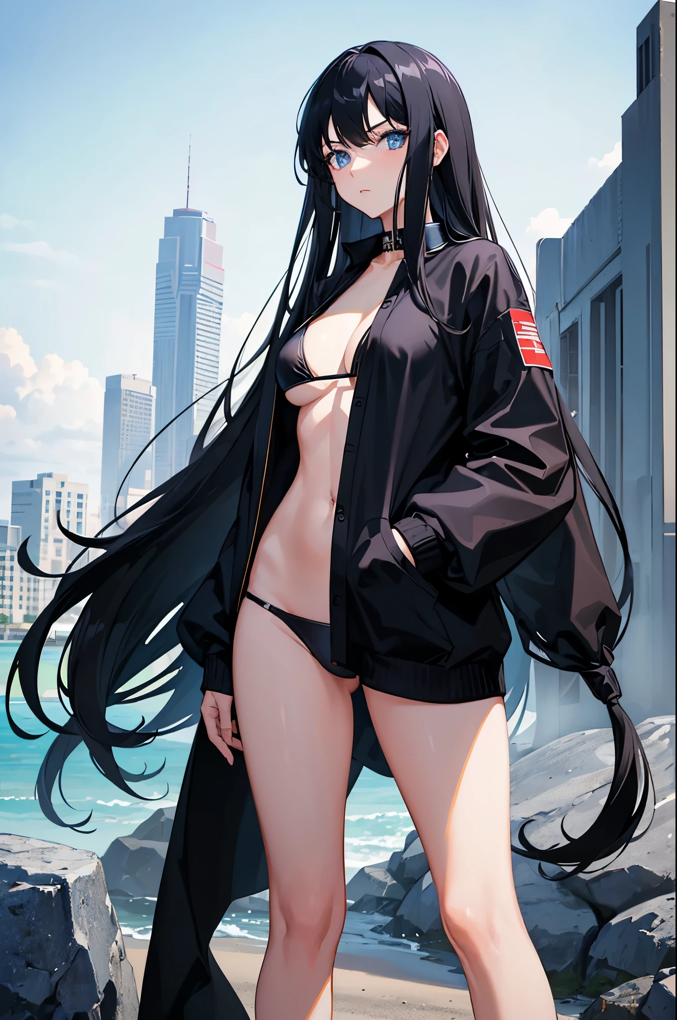 1woman, long black hair, blue eyes, bikini, standing on ground, high res, ultra sharp, 8K, masterpiece