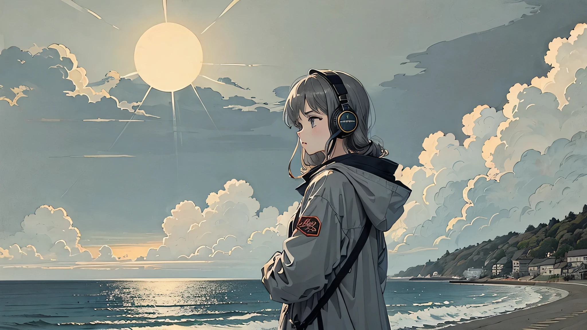 1 girl, 90s anime style, masterpiece、highest quality、Movie Steel Southern ((Winter cold)) background Calm sea Breakwater Tranquility Looking into the distance Cloudy cloudy Sad (By boat Seaside Road) ((gray cloudy cloud Ephemeral dark, 薄dark, cloudy cloudy You can't see the sun)) rain Rainy Day Lo-Fi I have headphones on