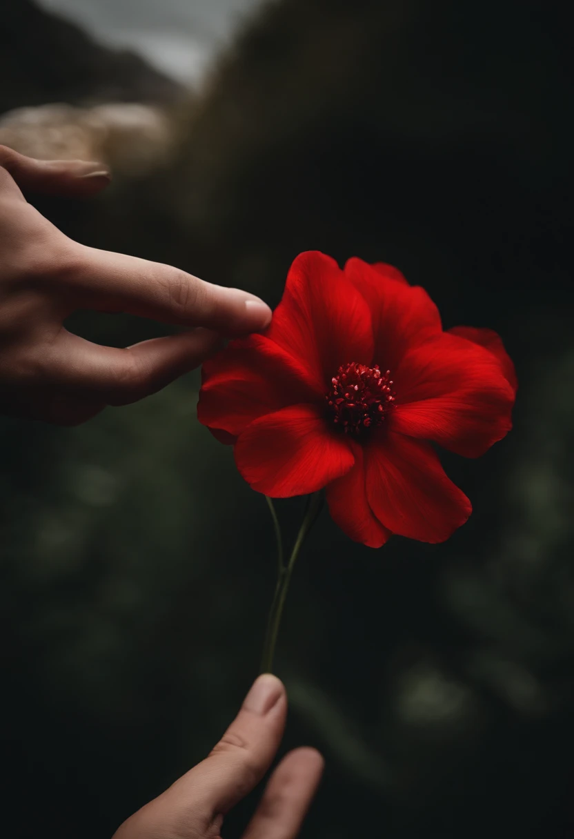 a hand holding a red flower and the black background scenery