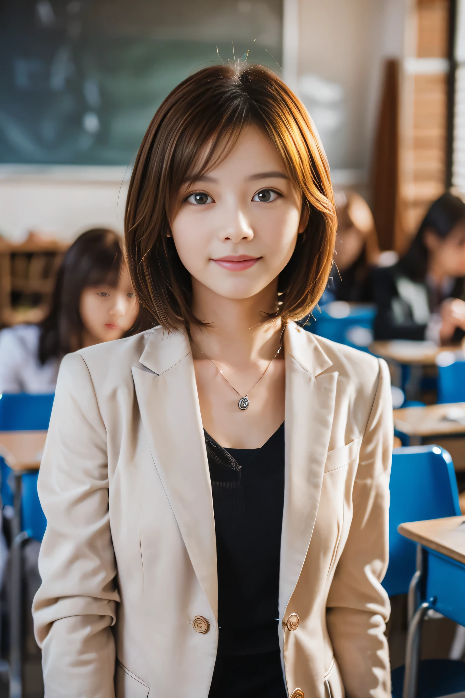 (18 year old female teacher:1.5)、(Teaching in a classroom:1.5), (The best quality at its best:1.4), (Super detailed), (Very detailed CG unified 16k), Beautiful woman with perfect figure: 1.4, Sharp focus: 1.2, Very detailed, High-quality RAW color photos, Professional photography, Great face and eyes, cosmetics, (Amazingly beautiful girl), ((In a suit:1.5)), Sexy posture,(View from below), Realistic movie faces, Wide zoomed out view of head to foot length, Full body long view, Realistic, ((Realistic natural orange red hairstyle, Realistic blue eyes)), ( Short Bob Hair:1.5), (necklace:1.5)、, Very beautiful face, Perfect model beauty, Mouth swelling, Highly detailed face and skin texture, Fine grain, double eyelid, Medium chest, smile, Crack, west, (masterpiece), highest quality, High resolution, Very detailed, Blurred Background, Depth of written boundary, Cinema Lighting, Great legs, , Clear, well-maintained skin, (((Women make up the majority of the photo)))