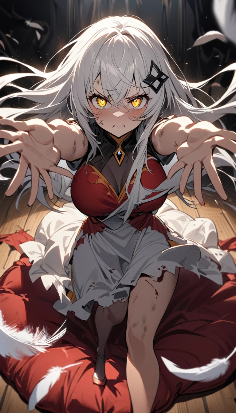A woman, flowing white hair, melancholy eyes, yellow pupils, black diamond-shaped hairpin, A woman is cutting up a Tattered super huge red silk cushion with scissors in a dirty way. Tiny feathers are dancing, angry, arm support, arms up, incoming hug, pov, reaching, reaching towards viewer, looking at viewer