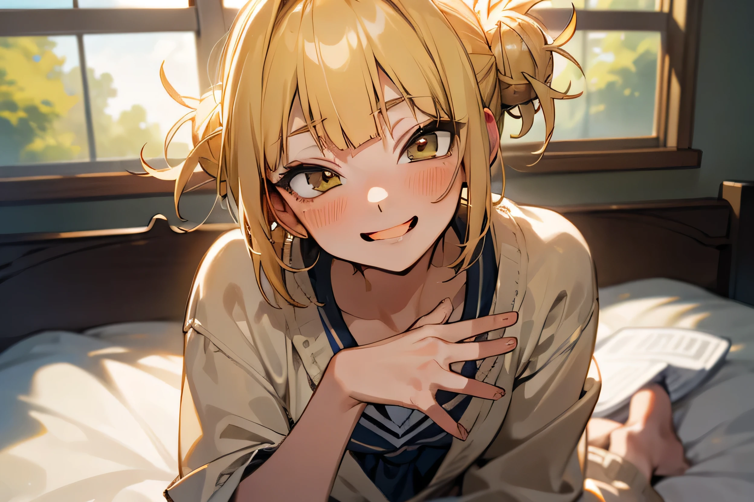 masterpiece, highest quality, highest quality, Super detailed, alone, Detailed face, Very detailed face, Perfect lighting, Highly detailed CG, (Perfect hands, Perfect Anatomy), Himiko toga, View your viewers, Turn around, Blonde, Smiling with teeth showing, psycho 笑face, Guess face, Anime Style, Laughter, sit backwards on the bed, Medium chest, Blurred background, Undressing, No clothes, Completely naked, window, Medium chest, Mouth closed, sunlight, Backlight, whole body