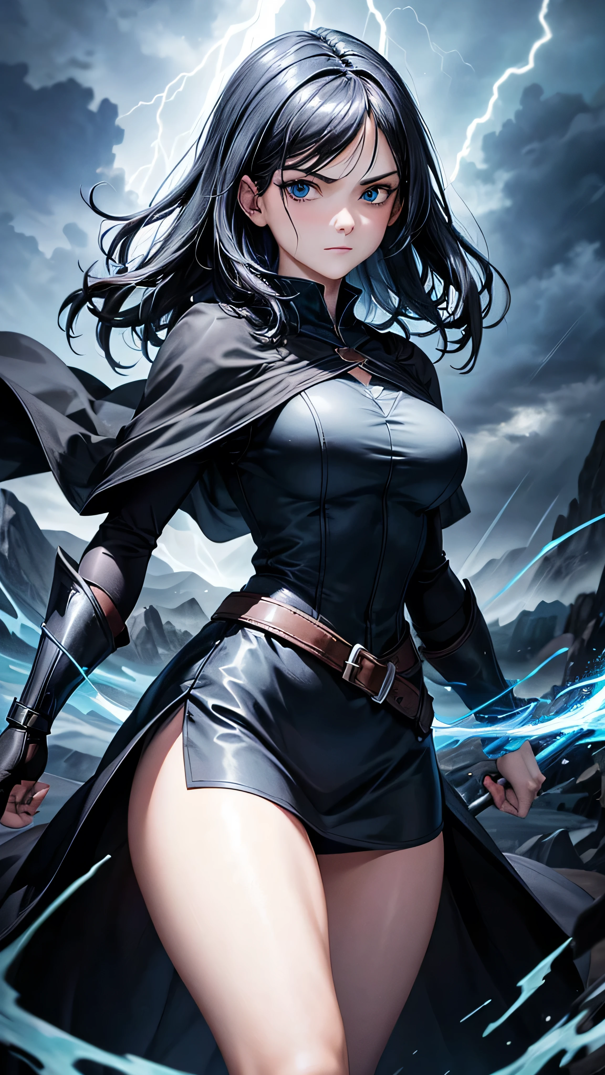 1girl, highly detailed, masterpiece, best quality, correct hands, short black hair, blue eyes, black robes, black pants, blue shirt, black vest, medium breasts, defined curves, smug look, satisfied look, mountain background, storm, lightning, holding a sword, floating, stormy atmosphere, surrounded by lightning, 