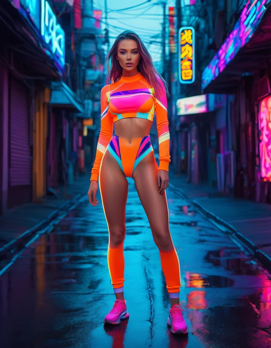 8k, best quality, masterpiece, clear, professional lighting, beautiful full body woman standing on a street, wearing colorful neon futuristic thermal sportswear, face, ultra high resolution, beautiful lady, multicolor_hair long_hair, waist, under breast , shirt, RETRO ART STYLE, NEON_POP ART STYLE, ART STYLE