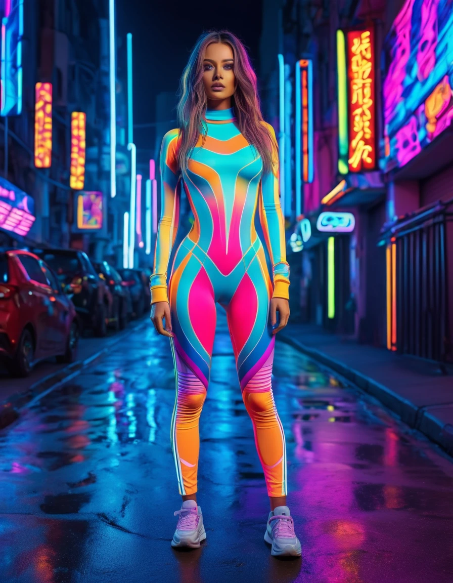 8k, best quality, masterpiece, clear, professional lighting, beautiful full body woman standing on a street, wearing colorful neon futuristic thermal sportswear, face, ultra high resolution, beautiful lady, multicolor_hair long_hair, waist, under breast , shirt, RETRO ART STYLE, NEON_POP ART STYLE, ART STYLE