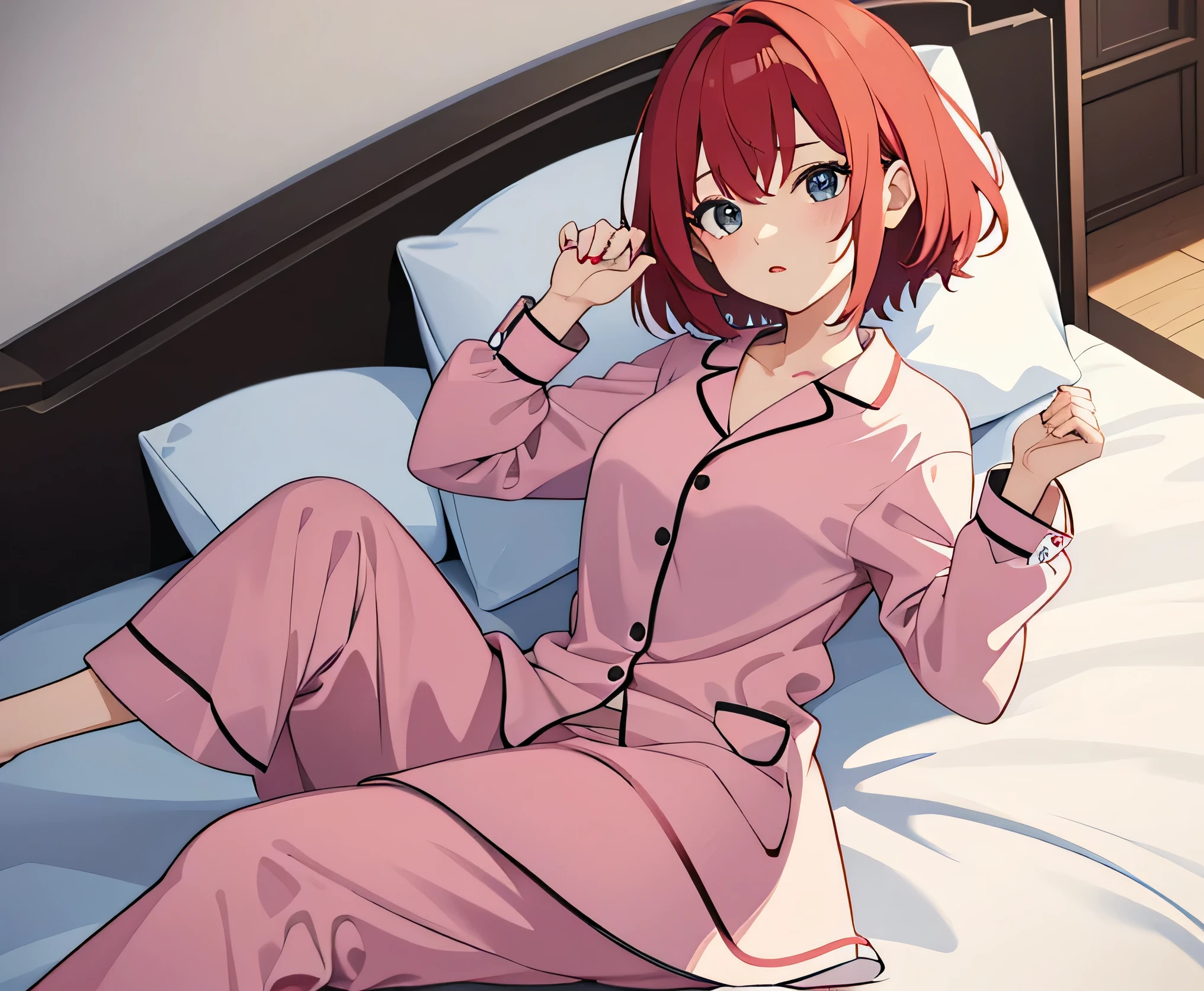 girl, solo girl, rinne amagi, red hair, blue eyes, messy hair,  short hair , 1girl, cat ears, wearing red pajamas, slim waist, bottomless slim legs, sitting on bed,