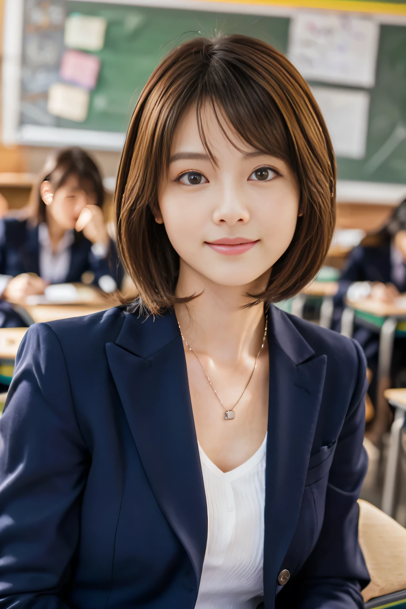 (18 year old female teacher:1.5)、(Teaching in a classroom:1.5), (The best quality at its best:1.4), (Super detailed), (Very detailed CG unified 16k), Beautiful woman with perfect figure: 1.4, Sharp focus: 1.2, Very detailed, High-quality RAW color photos, Professional photography, Great face and eyes, cosmetics, (Amazingly beautiful girl), ((In a suit:1.5)), Sexy posture,(View from below), Realistic movie faces, Wide zoomed out view of head to foot length, Full body long view, Realistic, ((Realistic natural orange red hairstyle, Realistic blue eyes)), ( Short Bob Hair:1.5), (necklace:1.5)、, Very beautiful face, Perfect model beauty, Mouth swelling, Highly detailed face and skin texture, Fine grain, double eyelid, Medium chest, smile, Crack, west, (masterpiece), highest quality, High resolution, Very detailed, Blurred Background, Depth of written boundary, Cinema Lighting, Great legs, , Clear, well-maintained skin, (((Women make up the majority of the photo)))