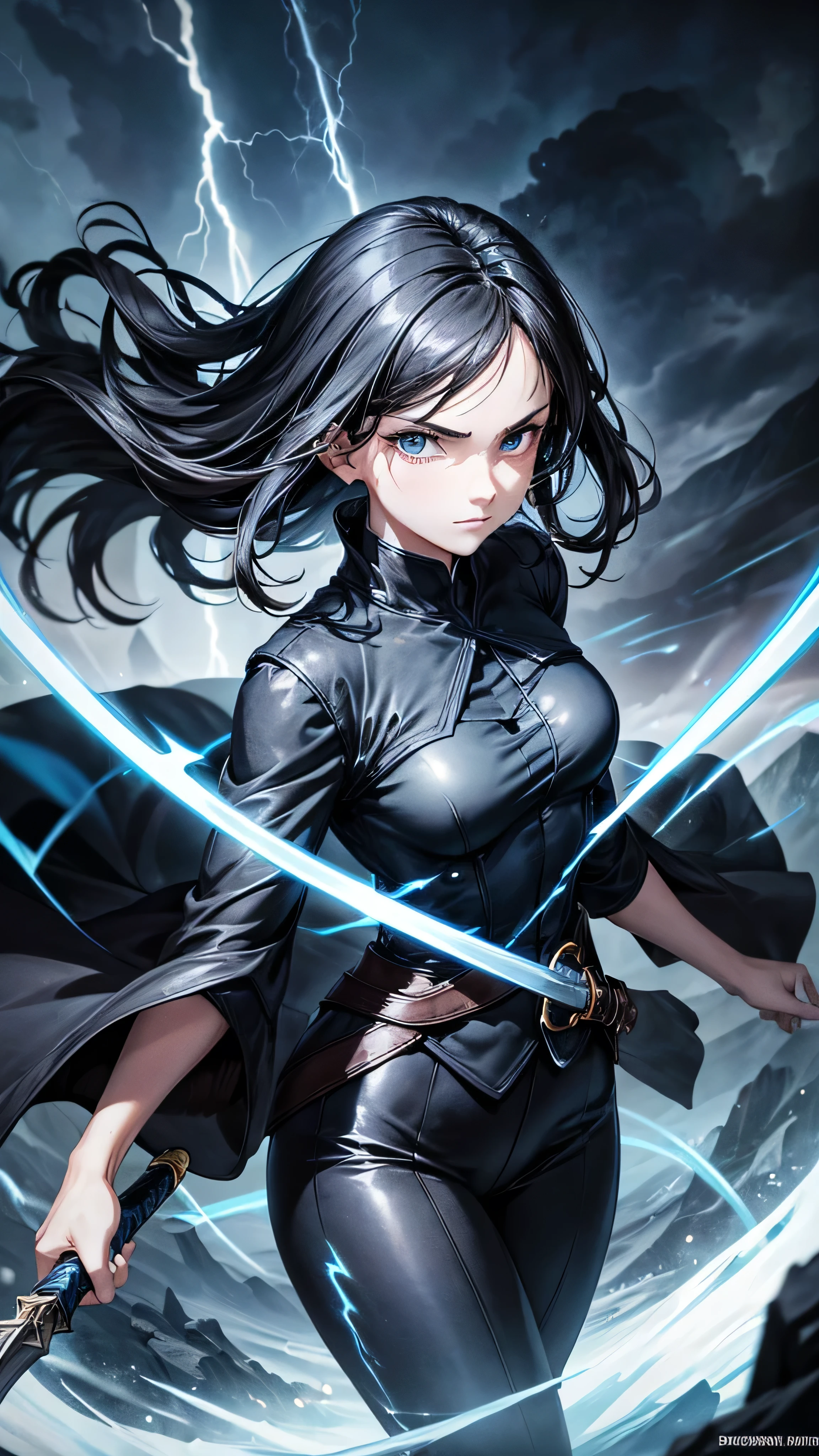 1girl, highly detailed, masterpiece, best quality, correct hands, short black hair, blue eyes, black robes, black pants, blue shirt, black vest, medium breasts, defined curves, smug look, satisfied look, mountain background, storm, lightning, holding a sword, floating, stormy atmosphere, surrounded by lightning, 