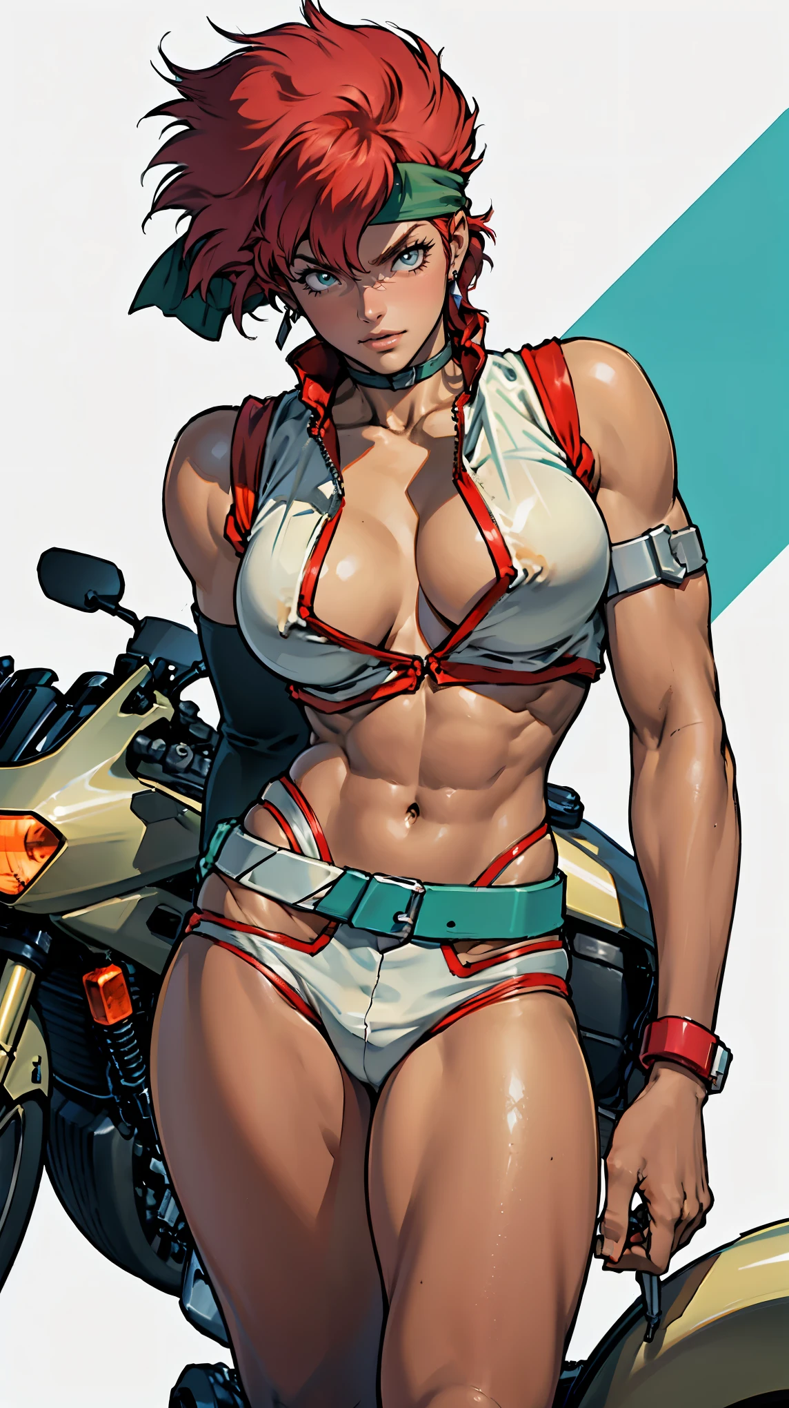 ((Masterpiece, Best Quality; 1.3)), Top Quality, Beautiful Details, Highly Detailed, Ultra Fine, 16k, Exquisite, Abs Urd, High Resolution, Beautiful Background, Detailed Background, Beautiful Eyes, Beautiful Skin, Anime Style , (1 woman, alone), (Kei from Dirty Pair rides a motorcycle), (Kei from Dirty Pair is riding a red Harley motorcycle down the highway.), (Kei from Dirty Pair rides a motorcycle), (Kei from Dirty Pair is running wild on his bike), Dirty Pair's Kei wears white high-waisted clothes, cleavage, bushy red-haired beauty, flowing hair, white uniform, wears tight clothes, revealing Tall, (Center of Chest: 1.2), Covered Huge Nipples, (Muscular Body: 1.2), Abs, 6 Pack, Obliques, Muscular Biceps, Hamstrings, Thin Waist, Thin Thighs, Thighs gap, show your stomach, skinny, thin waist, cyberpunk city background BREAK green headband, emerald green headband