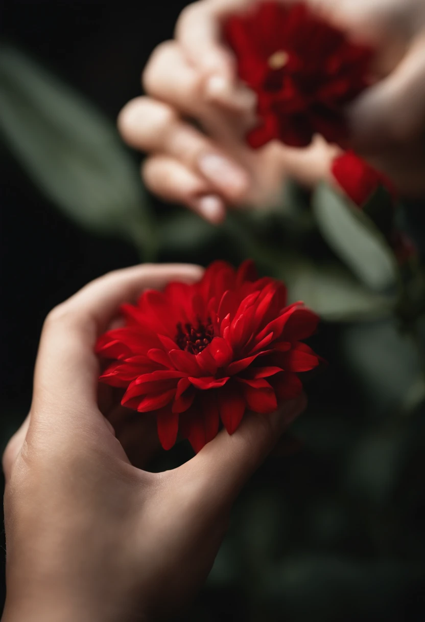 a hand holding a red flower and the black background scenery