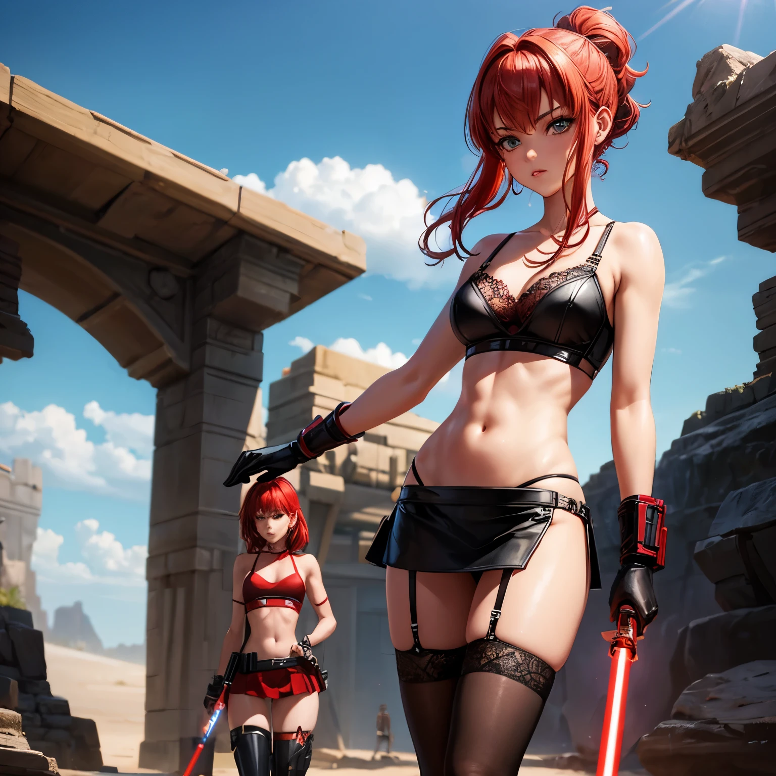 Twin Sexy Female jedi, red hair, tannned skin, skinny, welding lightsaber, black lace mini skirt and bra, sandy arena