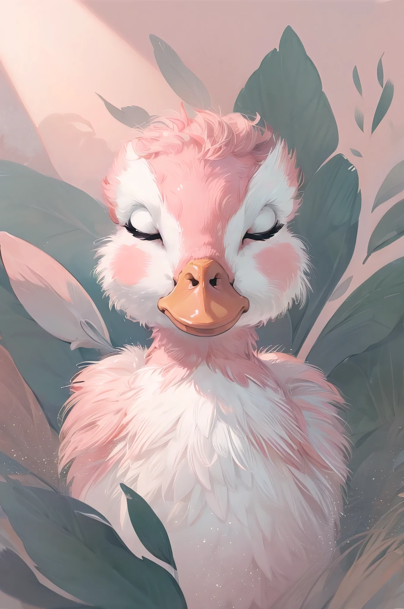 A captivating illustration of a baby female duck in a simplistic style, exuding calmness with her closed eyes. Her light pink and white feathers blend harmoniously with the pastel background. The delicate leaf silhouettes accentuate the serene atmosphere. The soft focus, diffuse lighting, and gentle brush strokes create a serene vibe, perfect for a children's book., illustration