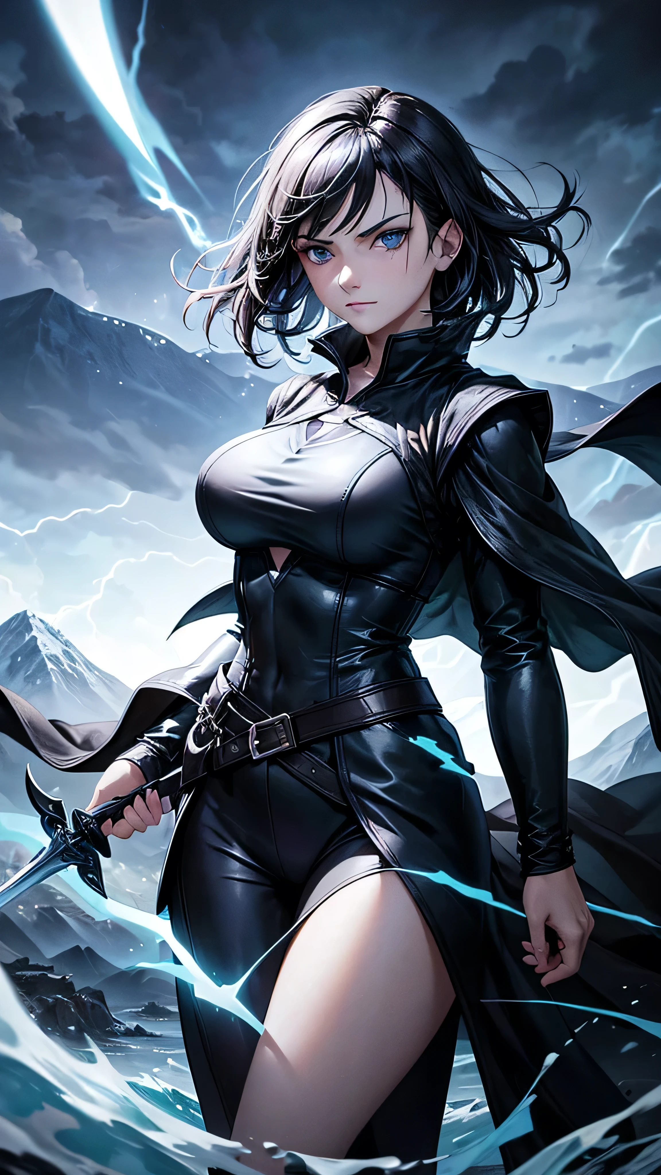 1girl, highly detailed, masterpiece, best quality, correct hands, short black hair, blue eyes, black robes, black pants, blue shirt, black vest, medium breasts, defined curves, smug look, satisfied look, mountain background, storm, lightning, holding a sword, floating, stormy atmosphere, surrounded by lightning, 