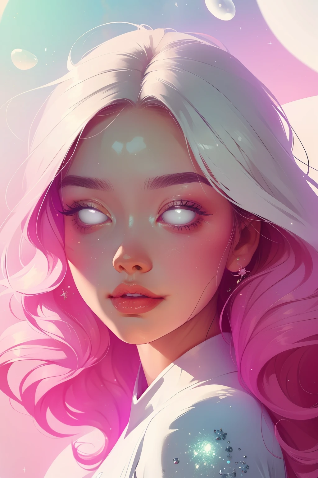 (This is a beautiful fantasy image that feels interesting and emphasizes glitter and iridescence.) Generate a ((blind)) curvy woman with colorful curly hair and milky white eyes. Her face is important and is perfectly formed with puffy lips and perfect features. (Her eyes are critically important and are (blank) and (solid white)). The image exudes ethereal beauty and soft fantasy. Include sweet and detailed birds and soft, luminous flowers. The image's background is decorated in shades of pink, shimmer, glitter, and fantasy details like colored bubbles and cosmos. Utilize dynamic composition to create a compelling and action-packed image. Dramatic lighting and cinematic lighting enhance the woman's beauty and the soft colors in the artwork. Include fantasy, cute, colorful, colourful, interesting magic background, ((((blank eyes)))), ((((empty white eyes)))), (shirome eyes:1.3), (smirking), (perfectly rendered solid whiteeyes), ((short neck))
