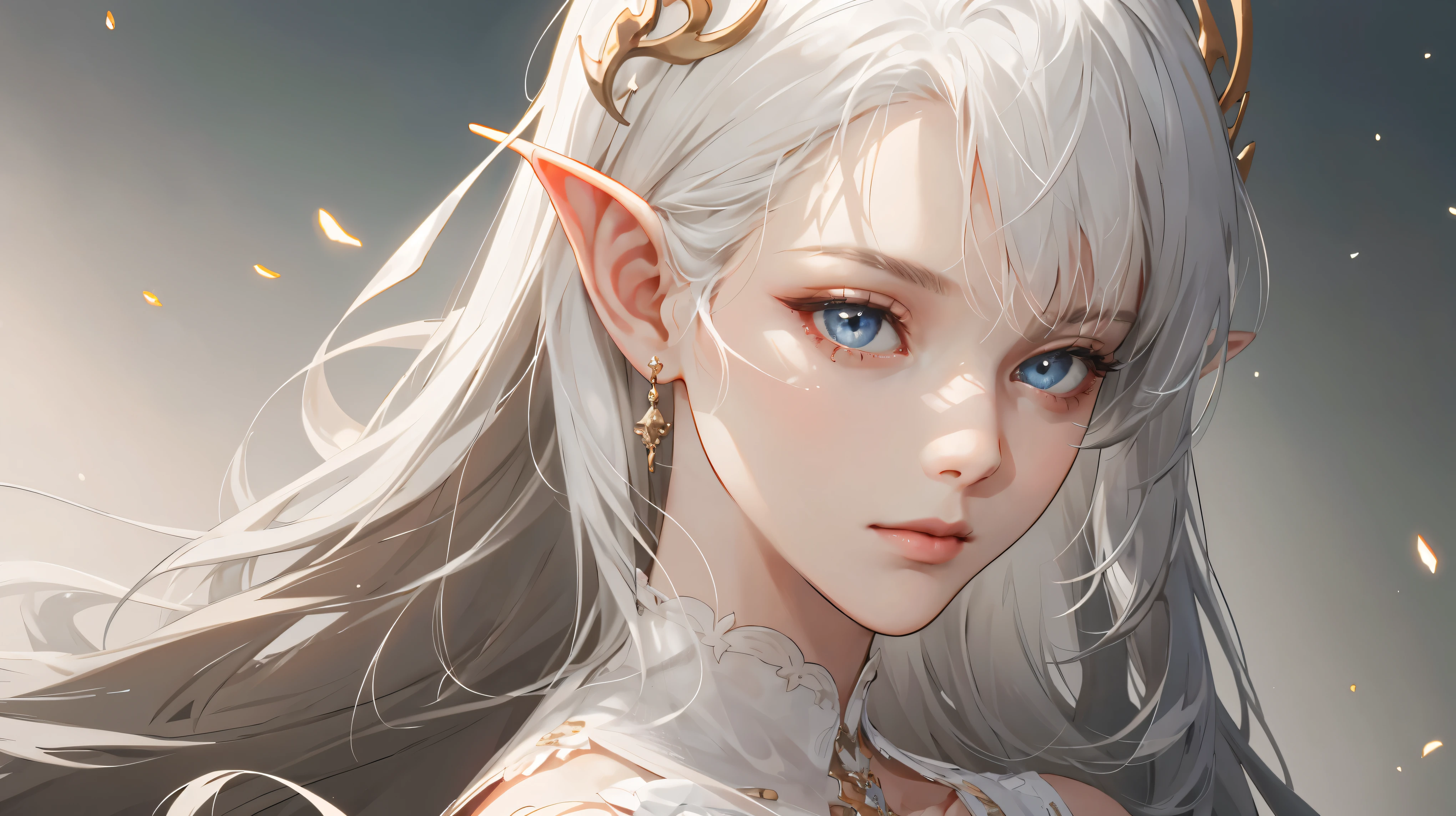 (Extremely Delicate and Beautiful:1.2), 8K ,elf ears,(Masterpiece:1.0),(best_quality:1.0), 1girl, mature woman, complex details, enlarged textures, complex details, finely detailed eyes and detailed face, intricate details, white hair, (closed mouth), perfect eyes, equal eyes, (goddess), perfect body, extremely detailed