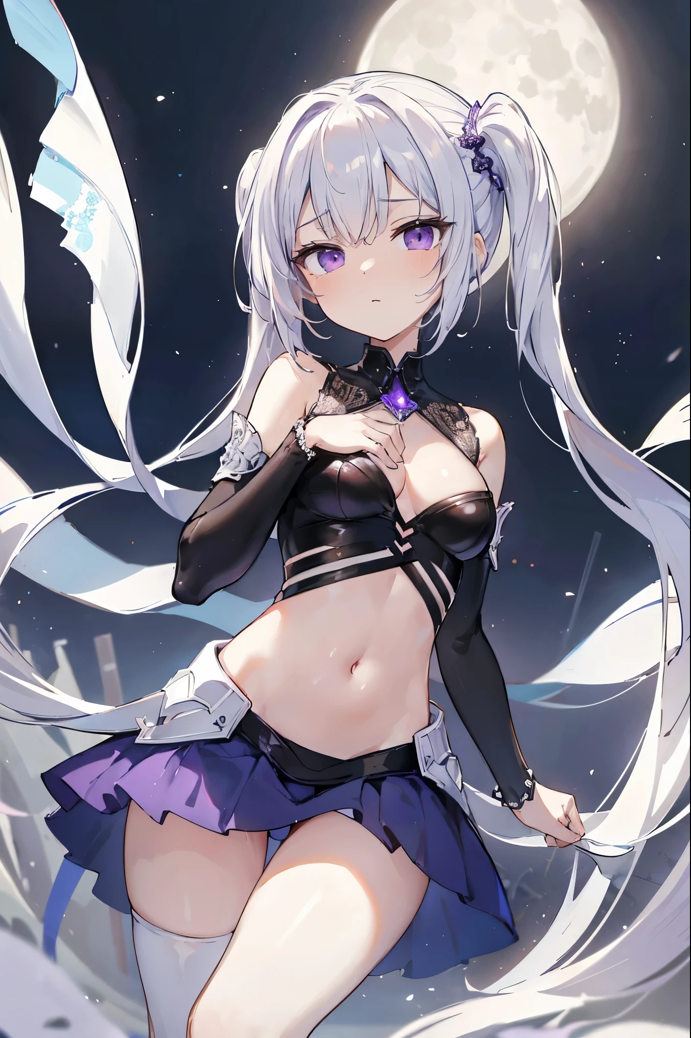 1girl, anime, cute girl, blank background, white background, fantasy, detailed fantasy dress with highlights, beautiful face, beautiful eyes, dark colors, black hair with multicolor streaks, red eye with different color pupil in eye, multicolor eye, medium breasts, slight cleavage, beautiful skin, cute, breast curtains, extremely delicate and beautiful, (beautiful detailed face:1.0), (detailed deep eyes), symmetrical breasts, deep eyes, shiny skin, portrait, slender waist, hips wider than shoulders, thighs, expressionless, young girl, luminous eyes, adorable，（Kpop idol）,（aegyo sal：1），（Platinum blonde hair：1），（（puffy eye）），Black panty，sexy posture，Superskirt, Ultra-high resolution，Black collar，slim figure, Abdominal y tattoo, womb tattoo，Tight-fitting leg ring，y tattoo on half-body，Bare skin, Armored hand，Hidden fingertips，Hand covered，Arm covered，Fist covered,{{beautiful detailed fingers}}, tufts of hair, moderate beautiful breast:1.0,(masterpiece:1.2), best quality, high-res, HDR, perfect face, intricate armor, delicate blue filigree, intricate filigree, red metalic parts, detailed part, dynamic pose, dynamic lights, cute face, neutral expression, shuimobysim, lotus, hanfu, maxi skirt, dress conservatively 1girl, solo, long blue hair, standing, One lady,years,((White hair) ,((Normal breasts)), (Shiny purple bodysuit with microskirt),((Fantasy, Moon Night))