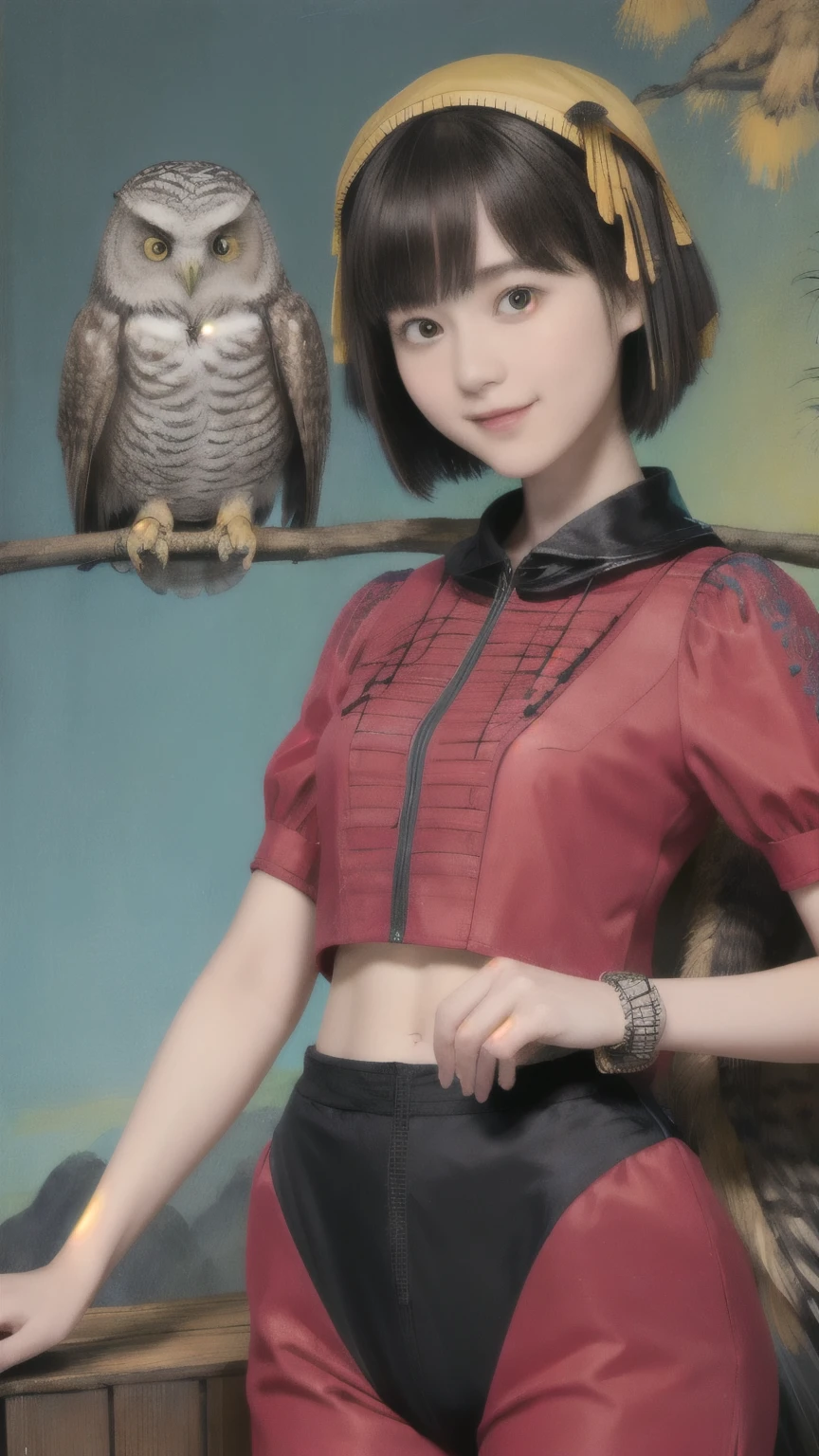 224 Short Hair, 20-year-old woman, A kind smile, (There are also colorful owls), (Rembrandt-style painting), ((machinery suit,Clothes with short sleeves)),I can see your abs
