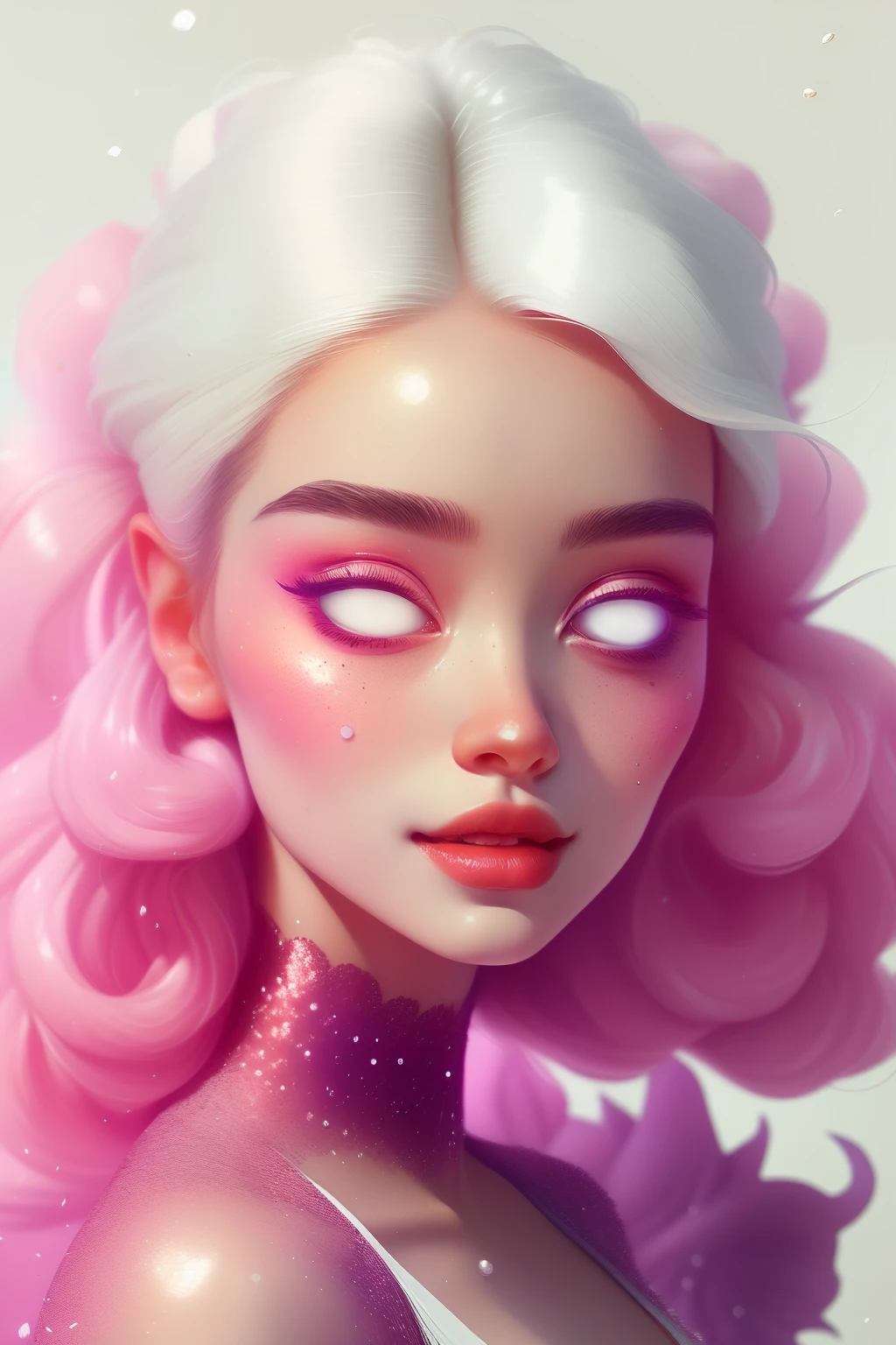 (This is a beautiful fantasy image that feels interesting and emphasizes glitter and iridescence.) Generate a ((blind)) curvy woman with colorful curly hair and milky white eyes. Her face is important and is perfectly formed with puffy lips and perfect features. (Her eyes are critically important and are (blank) and (solid white)). The image exudes ethereal beauty and soft fantasy. Include sweet and detailed birds and soft, luminous flowers. The image's background is decorated in shades of pink, shimmer, glitter, and fantasy details like colored bubbles and cosmos. Utilize dynamic composition to create a compelling and action-packed image. Dramatic lighting and cinematic lighting enhance the woman's beauty and the soft colors in the artwork. Include fantasy, cute, colorful, colourful, interesting magic background, ((((blank eyes)))), ((((empty white eyes)))), (shirome eyes:1.3), (smirking), (perfectly rendered solid whiteeyes), ((short neck))