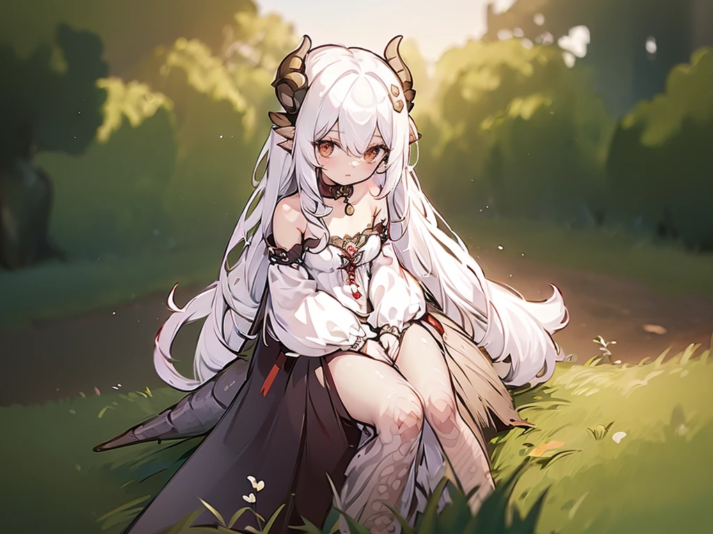 ((masterpiece)), ((bestquality)), (ultra-detailed), 1 girl, white hair, red eyes, sitting, detailed face, dragonian_head, dragonian_body, dragonian_hairstyle, dragonian_horns, dragonian_tail, white long dress, black choker, silver circlet, grassland, clear line, in the middle of picture, nature background