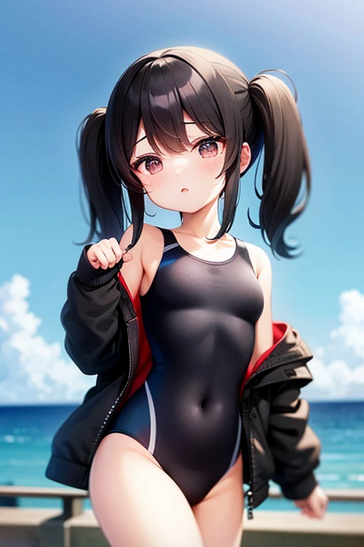 , (Black competitive swimsuit:1.5) , Black Hair , Iris , Three-year-old , Twin tails ,