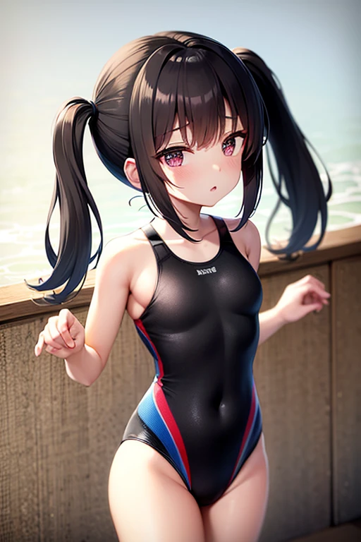 , (Black competitive swimsuit:1.5) , Black Hair , Iris , Three-year-old , Twin tails ,