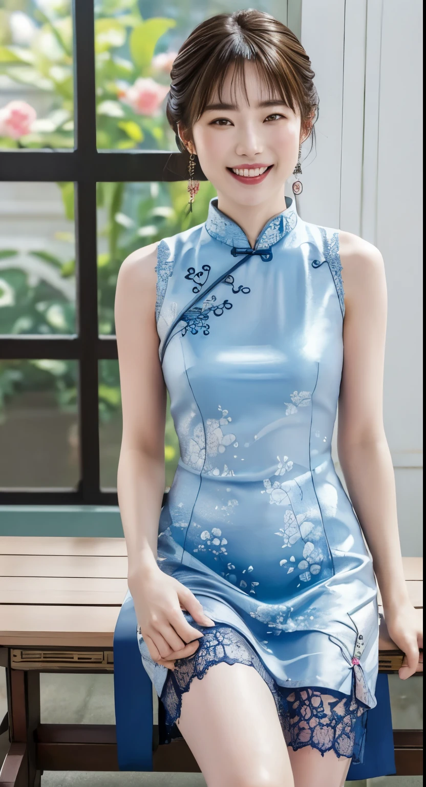 (Tabletop:1.0),(Tabletop:1.0), (highest quality:1.4), (High resolution:1.2), (Realistic:1.4),(From below:1.5), (8k, RAW Photos:1.2), (Soft Focus:1.4),break,A girl wearing a lace-patterned mini Chinese dress is sitting on a bench and smiling while taking a photo。.,(Sleeveless cheongsam:1.2),Natural Makeup,Japanese Goddess, Glowing Skin,Gorgeous Japanese Model,Shiny,Shiny,