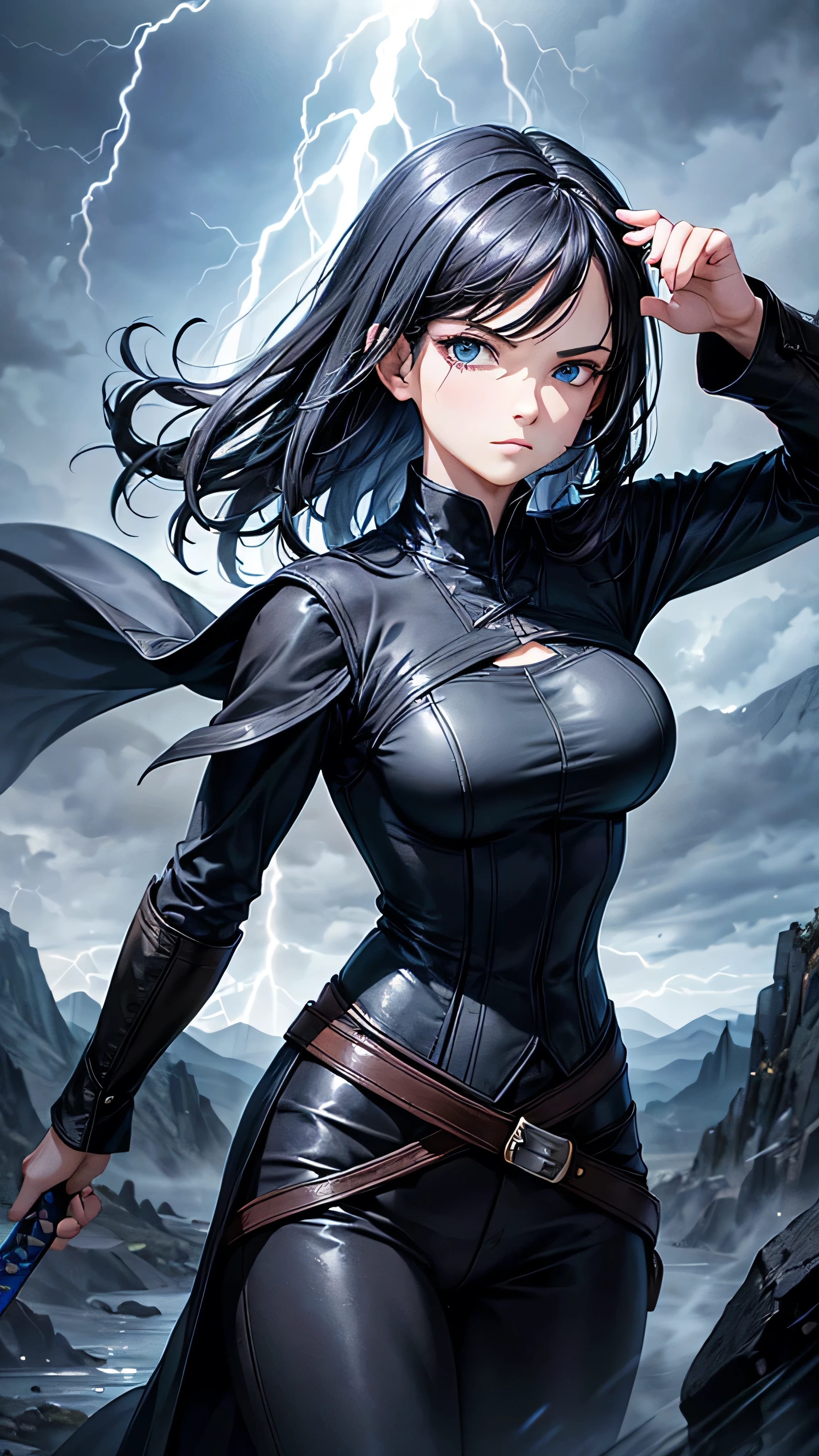 1girl, highly detailed, masterpiece, best quality, correct hands, short black hair, blue eyes, black robes, black pants, blue shirt, black vest, medium breasts, defined curves, smug look, satisfied look, mountain background, storm, lightning, holding a sword, floating, stormy atmosphere, surrounded by lightning, 