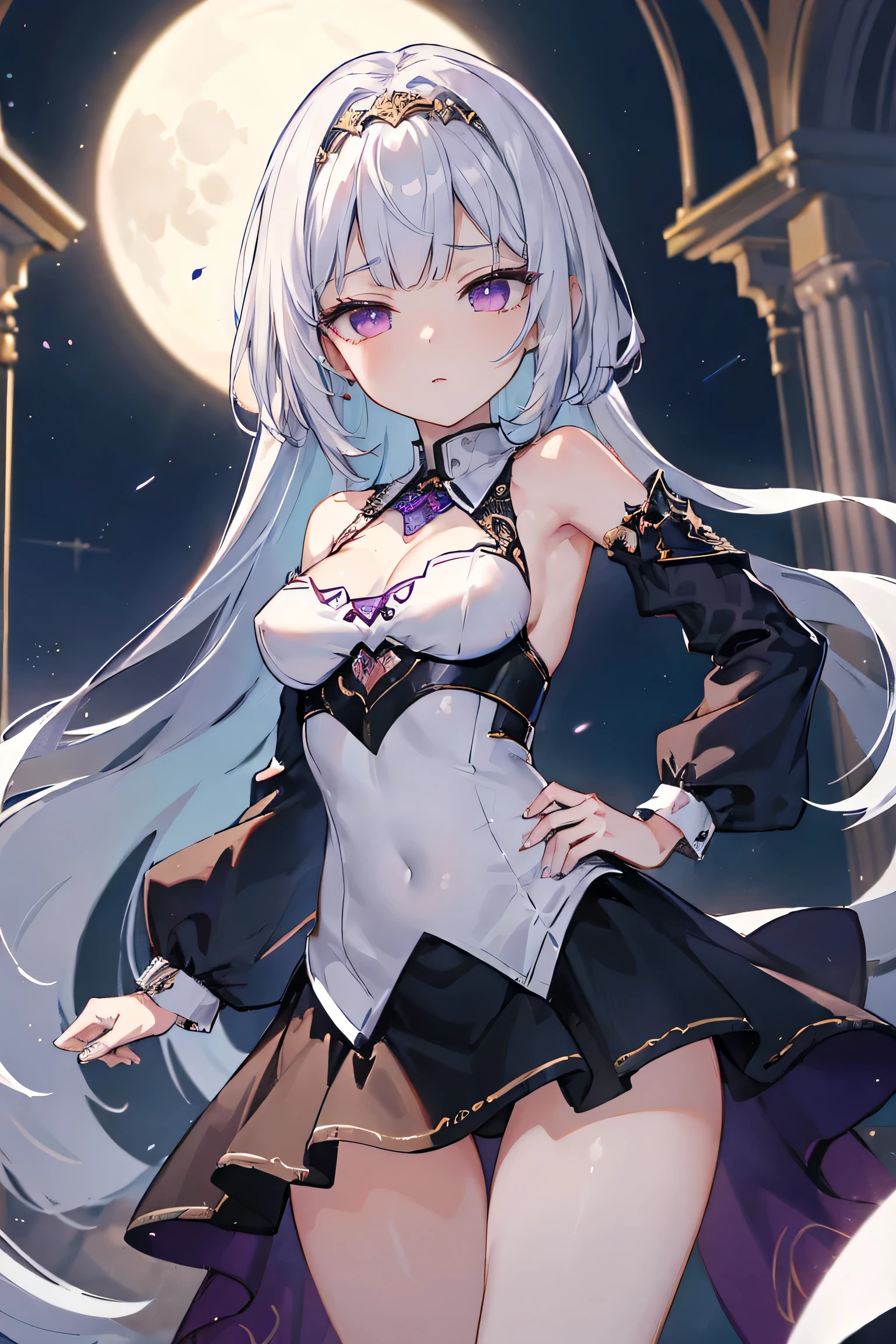 1girl, anime, cute girl, blank background, white background, fantasy, detailed fantasy dress with highlights, beautiful face, beautiful eyes, dark colors, black hair with multicolor streaks, red eye with different color pupil in eye, multicolor eye, medium breasts, slight cleavage, beautiful skin, cute, breast curtains, extremely delicate and beautiful, (beautiful detailed face:1.0), (detailed deep eyes), symmetrical breasts, deep eyes, shiny skin, portrait, slender waist, hips wider than shoulders, thighs, expressionless, young girl, luminous eyes, adorable,(Kpop idol),(aegyo sal:1),(Platinum blonde hair:1),((puffy eye)),Black panty,sexy posture,Superskirt, Ultra-high resolution,Black collar,slim figure, Abdominal y tattoo, womb tattoo,Tight-fitting leg ring,y tattoo on half-body,Bare skin, Armored hand,Hidden fingertips,Hand covered,Arm covered,Fist covered,{{beautiful detailed fingers}}, tufts of hair, moderate beautiful breast:1.0,(masterpiece:1.2), best quality, high-res, HDR, perfect face, intricate armor, delicate blue filigree, intricate filigree, red metalic parts, detailed part, dynamic pose, dynamic lights, cute face, neutral expression, shuimobysim, lotus, hanfu, maxi skirt, dress conservatively 1girl, solo, long blue hair, standing, One lady,14years,((White hair) ,((Normal breasts)), (Shiny purple bodysuit with microskirt),((Fantasy, Moon Night))