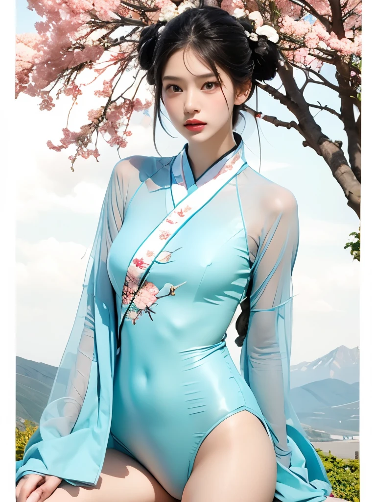 There is a blue sky, White clouds and mountains in the distance、tower,Pink flowers,Cherry tree,Hanfu woman,Phoenix crown tiara、fine embroidery、Wear Hanfu pantyhose、Hanfu、Wear long-sleeved Hanfu、Transparent and clear、Raw,(8k、top quality、masterpiece:1.8)、(复杂的detail:1.8)、(Reality:1.8)、Octane Rendering、具有超detail的复杂 3D 渲染, Studio soft light, Side light, vivid details, 超级detail, Realistic skin texture, detail, beautiful eyes, Highly detailed CG Unity 16k wallpaper, cosmetic, (Detailed background:2.0), Clear fingers,Beautiful fingers,Radiant Skin、Spread your legs,Show your thighs!!!