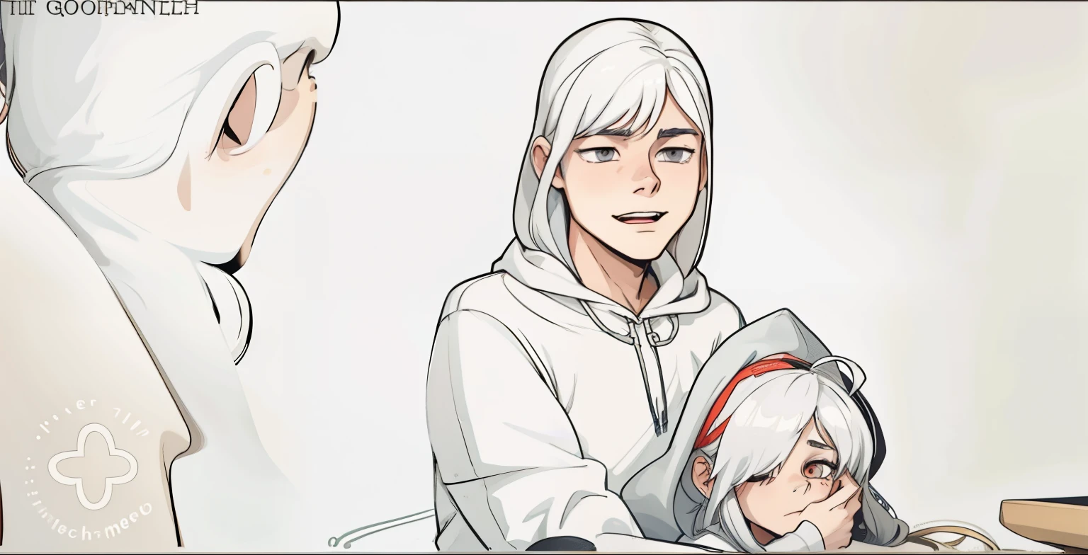 There is a girl and two 17 year old boys who are at school, their hair is gray.
