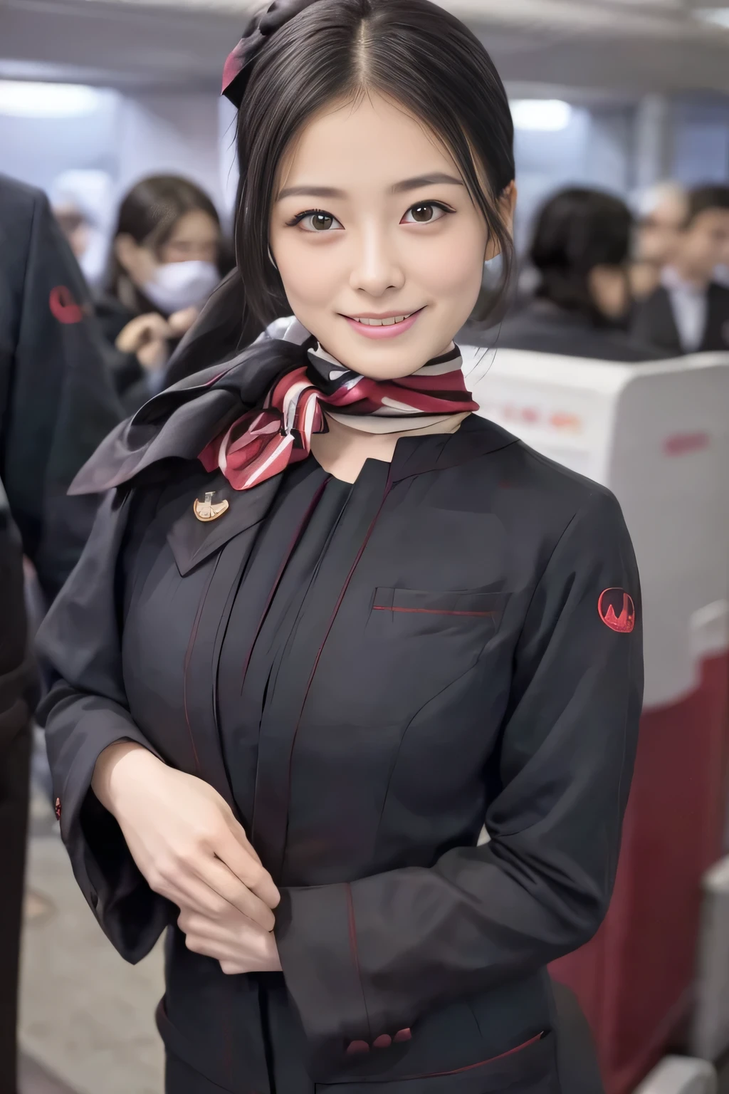 (masterpiece:1.2、highest quality:1.2)、32K HDR、High resolution、(alone、1 girl、Slim figure)、(A realistic style wearing the JAL cabincrew uniform)、 (At the airport counter, Professional Lighting)、A proper woman, Beautiful Face,、(Black JAL cabincrew uniform)、(Long sleeve JAL cabin crew uniform)、(Scarf around the neck)、Big Breasts、(Long hair updo、Chignon)、Dark brown hair、Long Shot、((Fine hand:2.0))、((Harmonious body proportions:1.5))、((Normal limbs:2.0))、((Normal finger:2.0))、((Delicate eyes:2.0))、((Normal eyes:2.0)))、Beautiful standing posture、smile