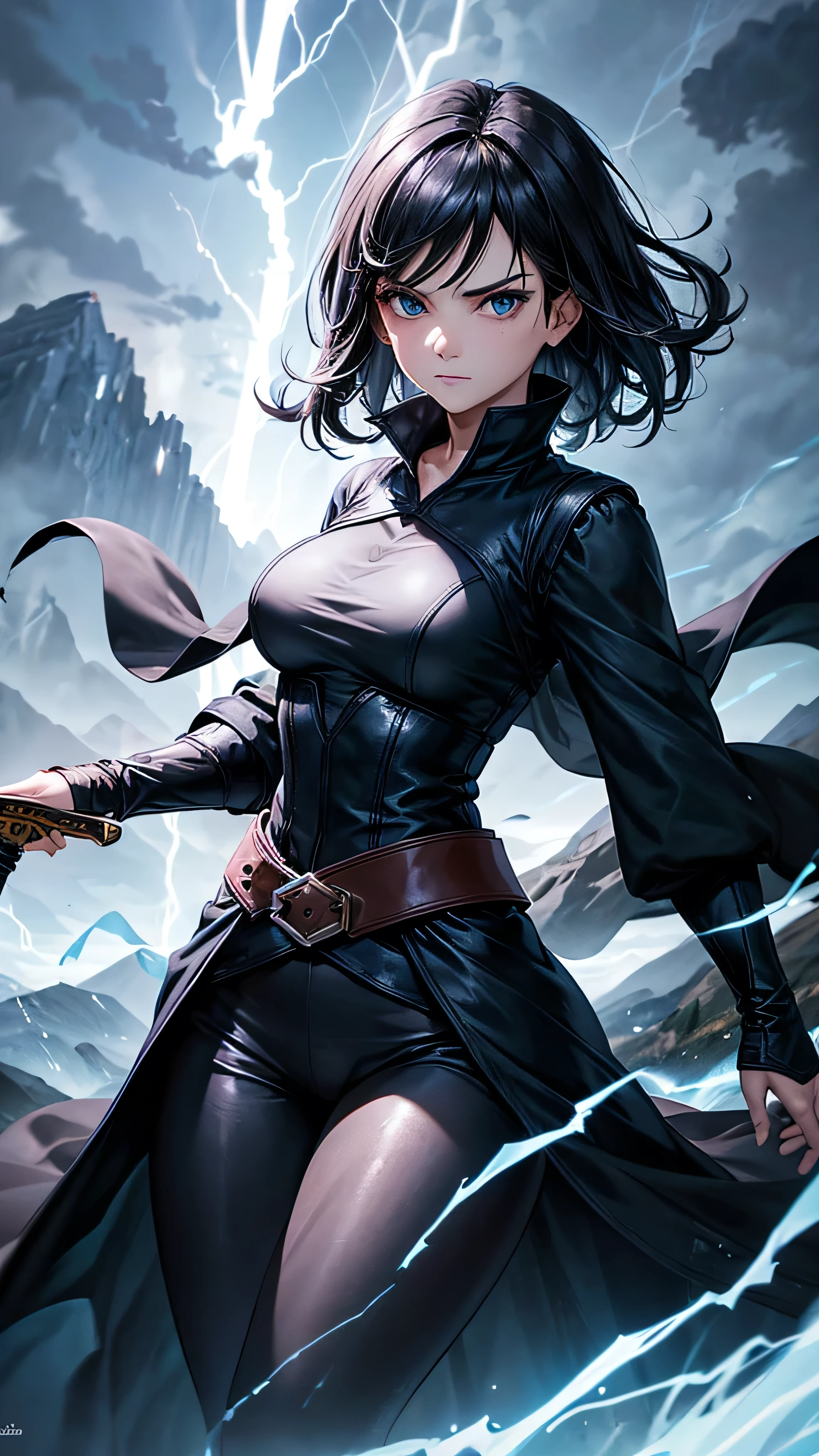 1girl, highly detailed, masterpiece, best quality, correct hands, short black hair, blue eyes, black robes, black pants, blue shirt, black vest, medium breasts, defined curves, smug look, satisfied look, mountain background, storm, lightning, holding a sword, floating, stormy atmosphere, surrounded by lightning, 