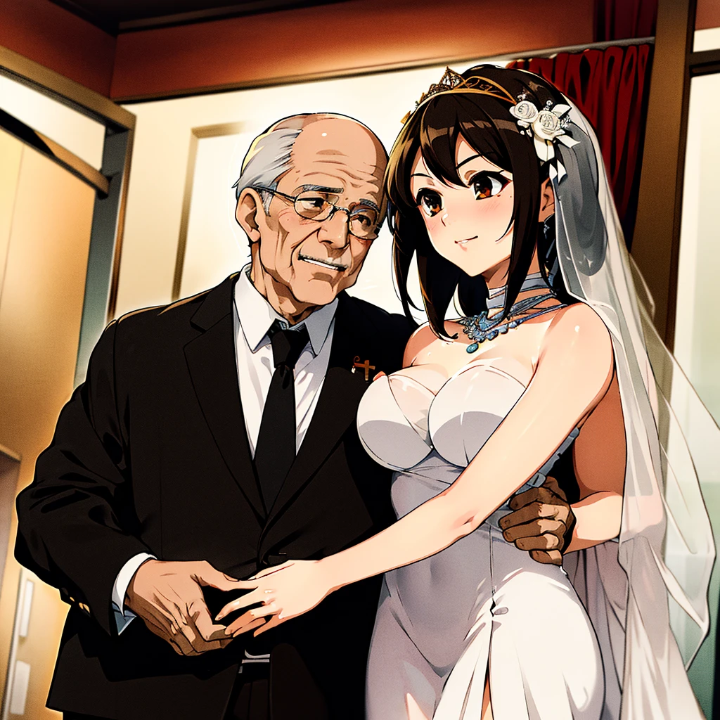 ((highest quality)), ((masterpiece)), (detailed), (Perfect Face)、The woman is Haruhi Suzumiya, with short brown hair and the wife of a 70-year-old man.、(The woman is wearing a gorgeous, flashy pure white wedding dress and wedding veil, a gorgeous engagement ring and gorgeous jewelry, and is holding her arm close to a 70-year-old man wearing a tuxedo as they hold their wedding ceremony.)、(The woman snuggles up closely to the 70-year-old man)、The man is 70 years old and is standing close to the woman at a wedding.
