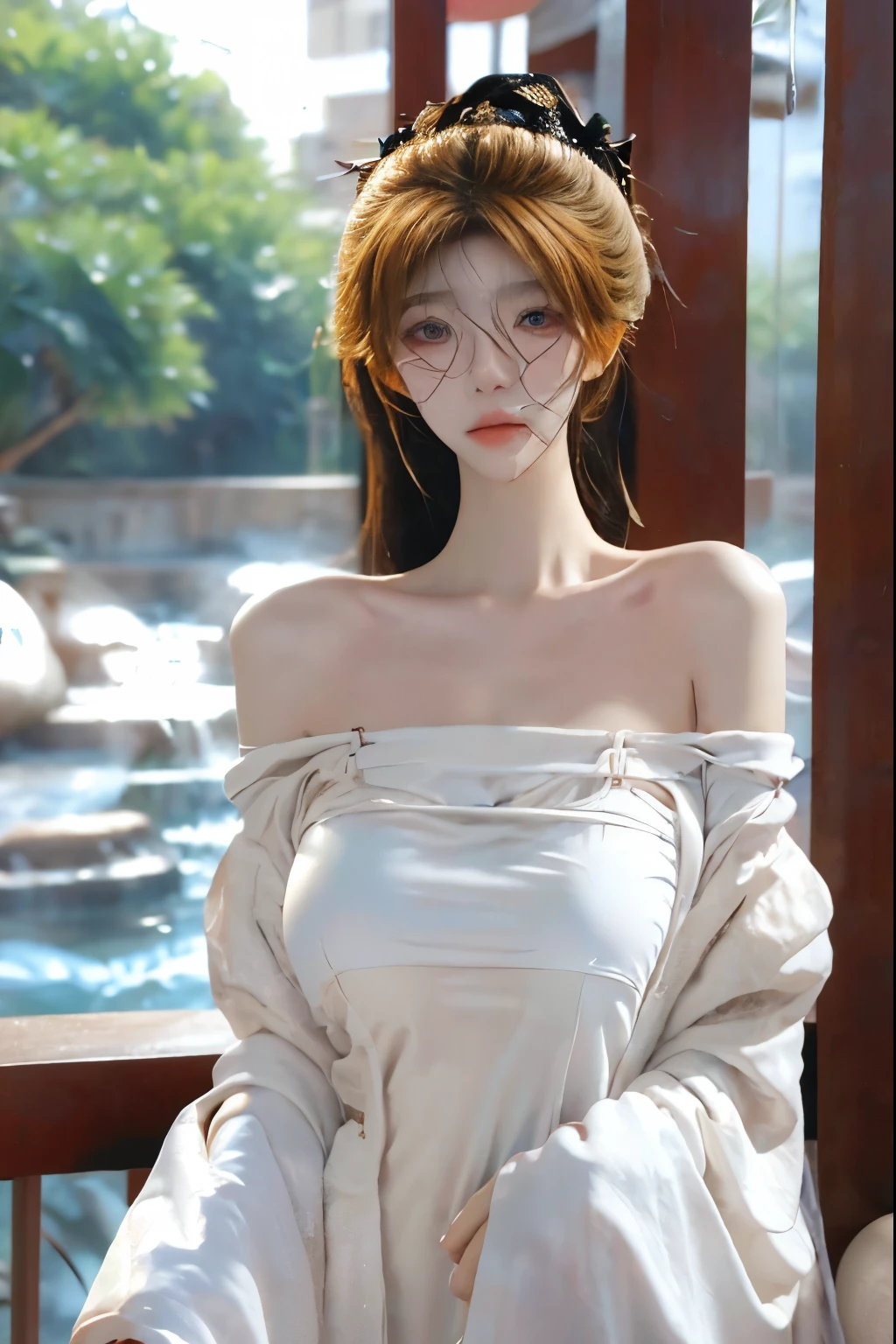 Beautiful woman with perfect body:1.4,Layered Hairstyle,Prominent cleavage,Highly detailed face and skin textures,Double eyelids,Skin Whitening,Long hair,Whitened long legs,blond,(Low-cut Hanfu)standing in living room