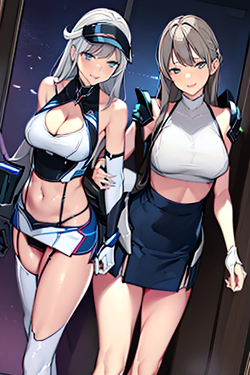 ((Masterpiece)), ((Top quality)), (Super detailed), (Cute), (Lovely), (Sexy), ((Very detailed)), 4K, (8K), Top quality , (Good condition), Illustration, Silver hair, Long hair, Blue eyes, Beautiful girl, Slender, (((White bodycon suit, high neck))), (((Blue tight skirt))),white panties, Thigh-high boots, High heels, Fingertip gloves,cleavage, ( Handgun), buttocks, body harness, dark building corridor at night, neon trim, white shiny clothes, ear antenna, hair band, armpits, science fiction, headgear, mechanical arm, mechanical chest armor, mechanical leg armor, sweat, , neon trim,white shiny clothes,6 heads and bodies, ,,smile, ,medium_breasts, ,head-mounted_display, ,jacket, jacket harness, mecha_musume , armor strap,covered_eyes, facing_viewer ,bangs, ,visor_(armor), shame, digging into the crotch,mtu virus, multiple views,mecha musume, headgear, mechanical arms,