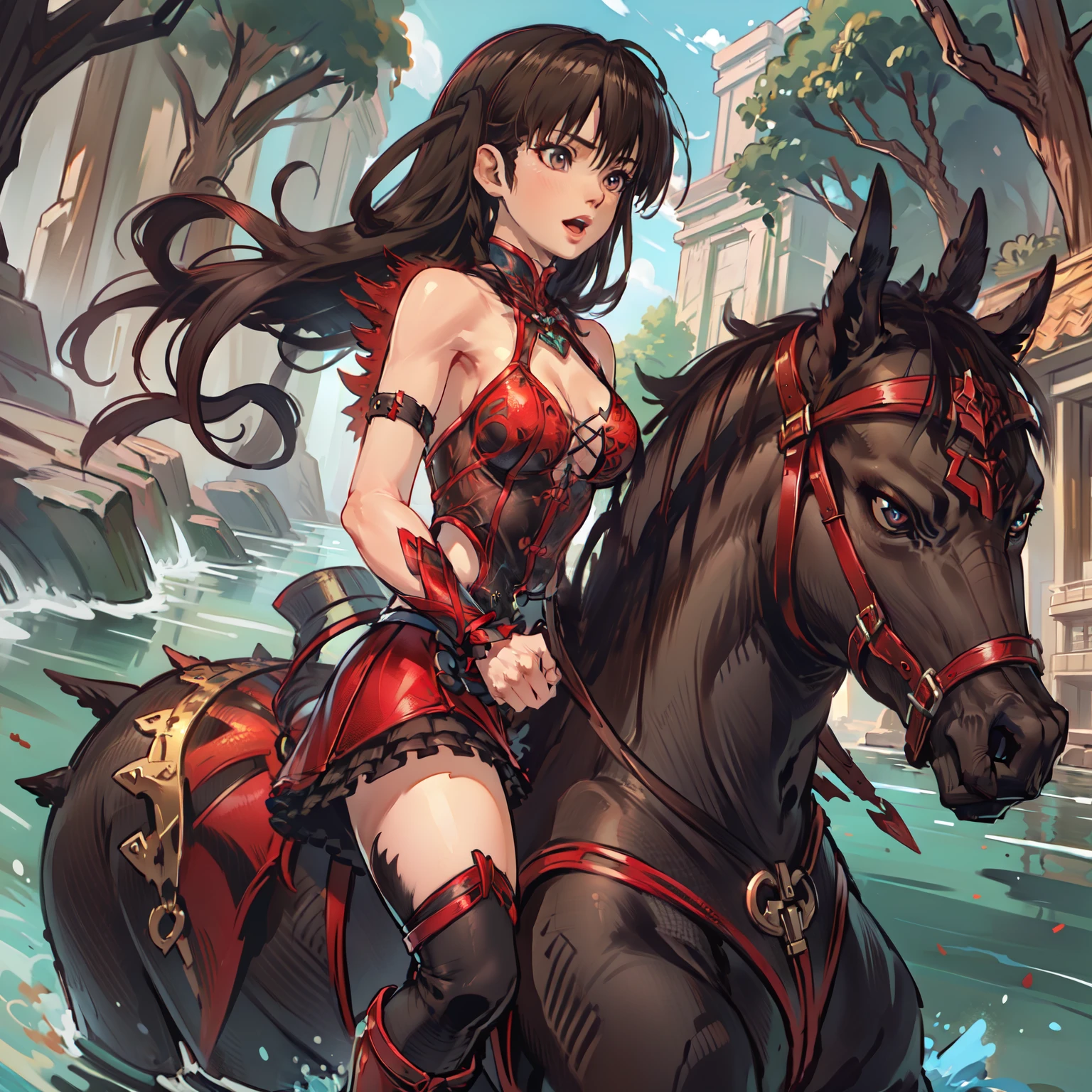 ((best quality)), ((anime masterpiece)), (high detailed), 8k, perfect face, large breast, cleavage, female knight riding a BLACK HORSE, (, {black hair}, red armor, red miniskirt, red leather boots), (saddle, reins, bridle, stirups), wet body, open little mouth solo, both hand holding rein, in the river+, swimming in the river++, from side, anatomically correct