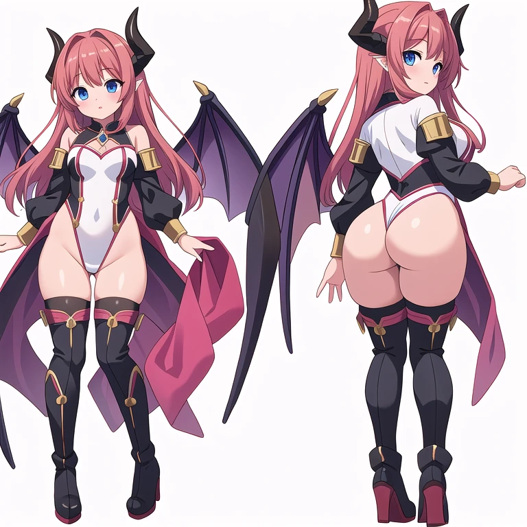 masterpiece, best quality, cute eyes, 1girl, solo, high fantasy costume, ((white background)), full body, multiple views, boots, leotard, succubus, horn,