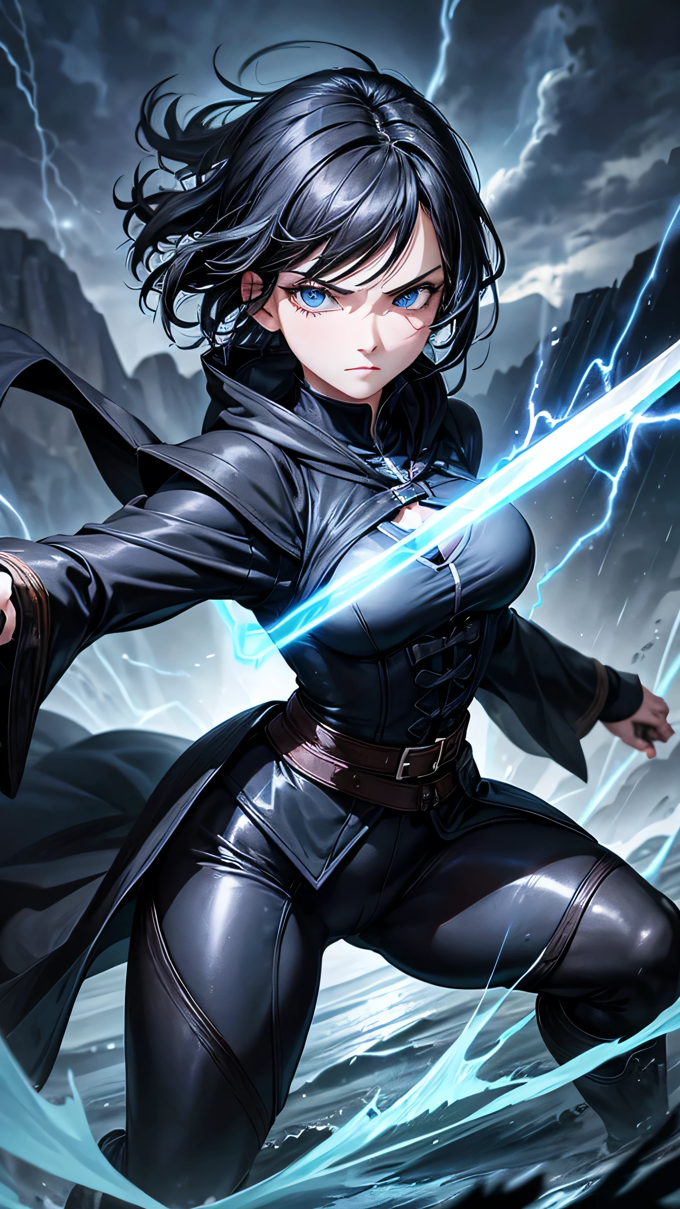 1girl, highly detailed, masterpiece, best quality, correct hands, short black hair, blue eyes, black robes, black pants, blue shirt, black vest, medium breasts, defined curves, smug look, satisfied look, mountain background, storm, lightning, holding a sword, floating, stormy atmosphere, surrounded by lightning, 