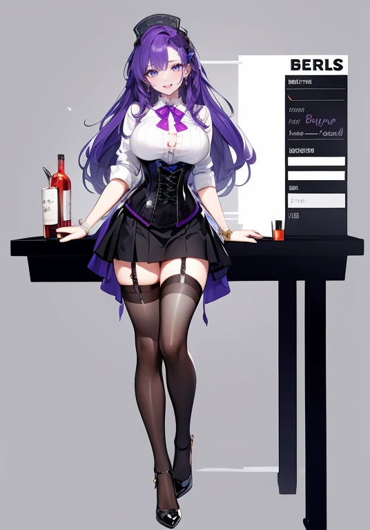 Purple hair,long hair,Adult female,(Bartender),((Rolling up your sleeves shirt)),(Corset),(Tight skirt),(high heels),((Simple background)),Smile,((Full body)),((whole body)),Character Sheet,