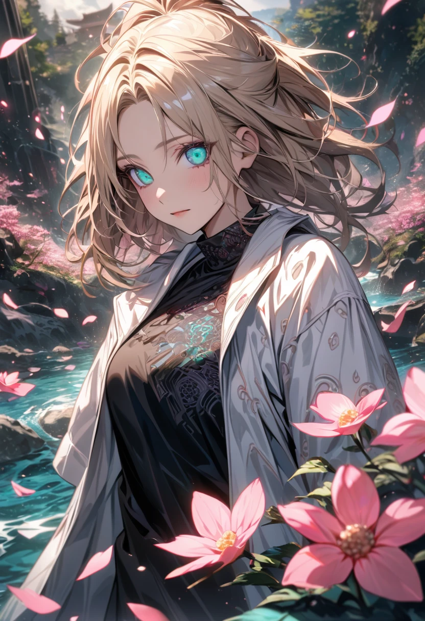 Ultra detailed, Highres, absurdres, HDR, Temari, ash blond hair, expressive teal eyes, white long coat with patterns, Naruto Shippuden, pink flowers, petals, extremely beautiful, woman, solo, very detailed eyes and face, water, pink butterflies, black t-shirt, master piece,